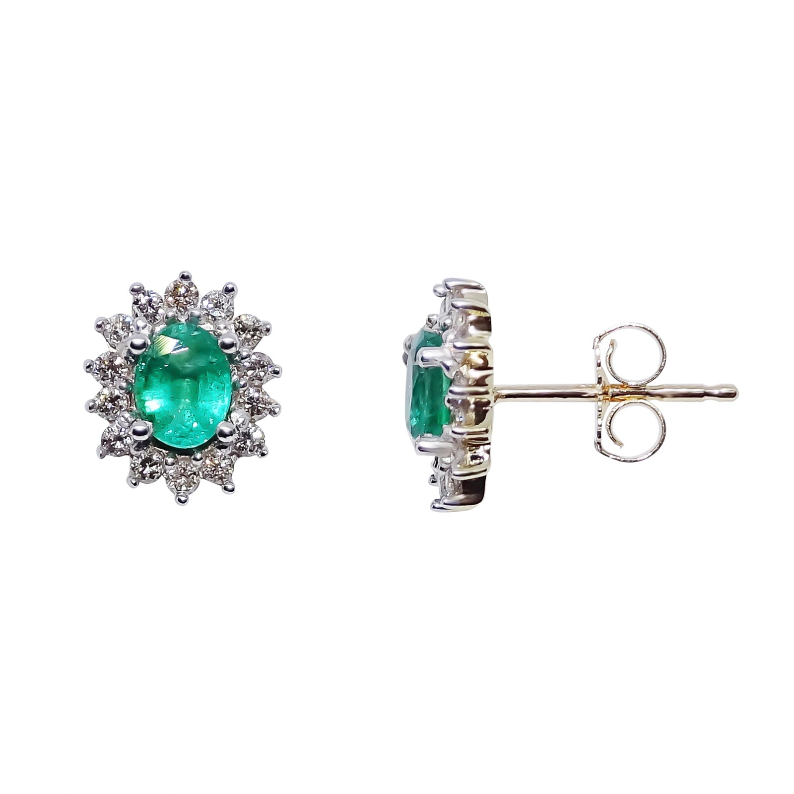 9ct gold 5x4mm oval emerald & diamond cluster stud earrings 0.33ct