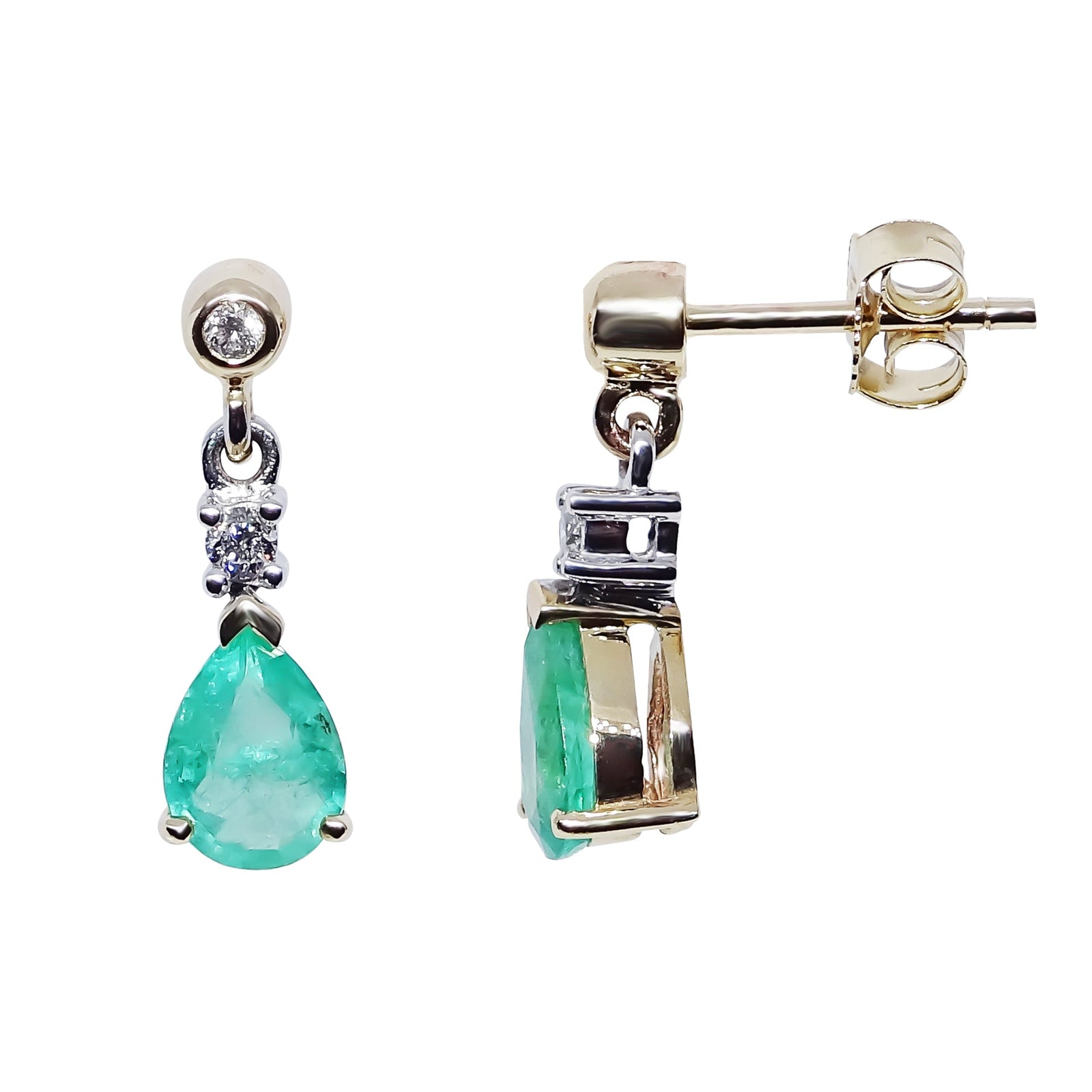 9ct gold 6x4mm pear shape emerald & diamond drop earrings 0.07ct