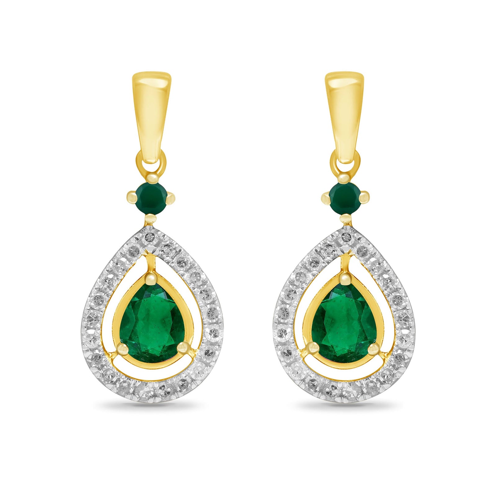 9ct gold 4x3mm pear shape emerald & round emerald & diamond drop earrings 0.14ct
