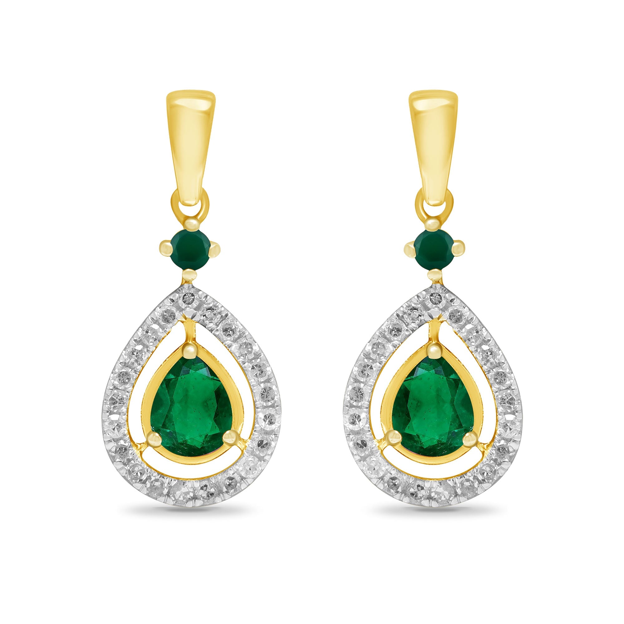 9ct gold 4x3mm pear shape emerald & round emerald & diamond drop earrings 0.14ct