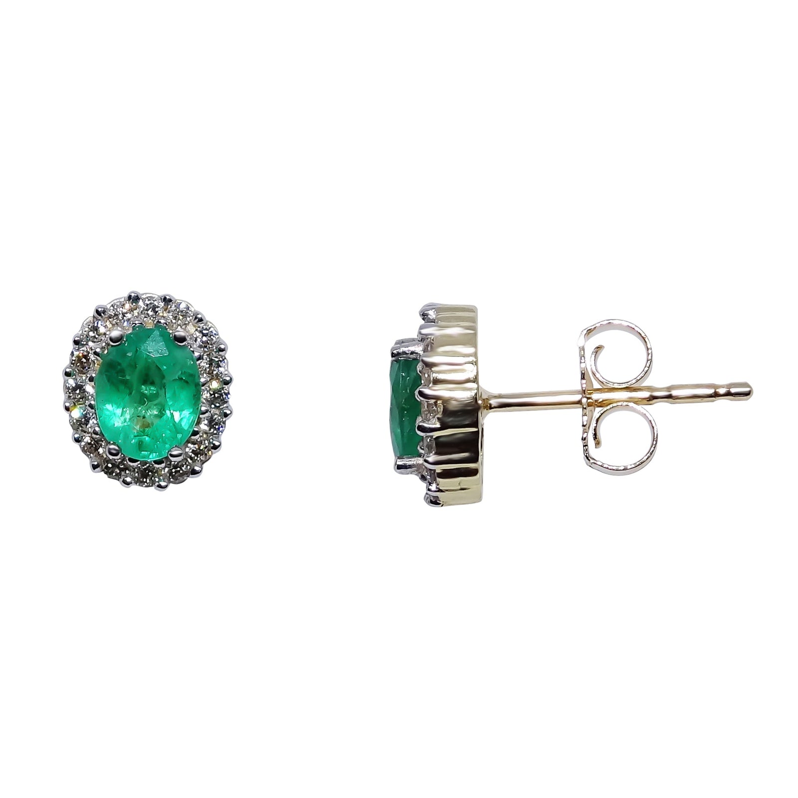 9ct gold 5x4mm oval emerald & diamoncdcluster stud earrings 0.17ct
