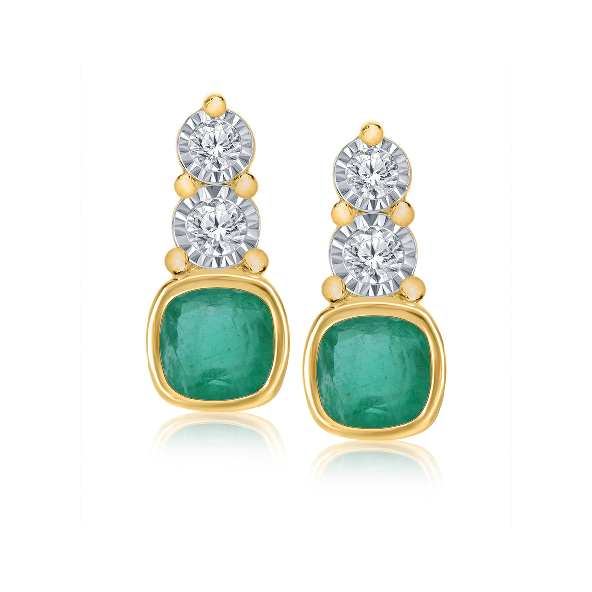 9ct gold 4mm cushion shape emerald &amp; miracle plate diamond studs earrings 0.06ct