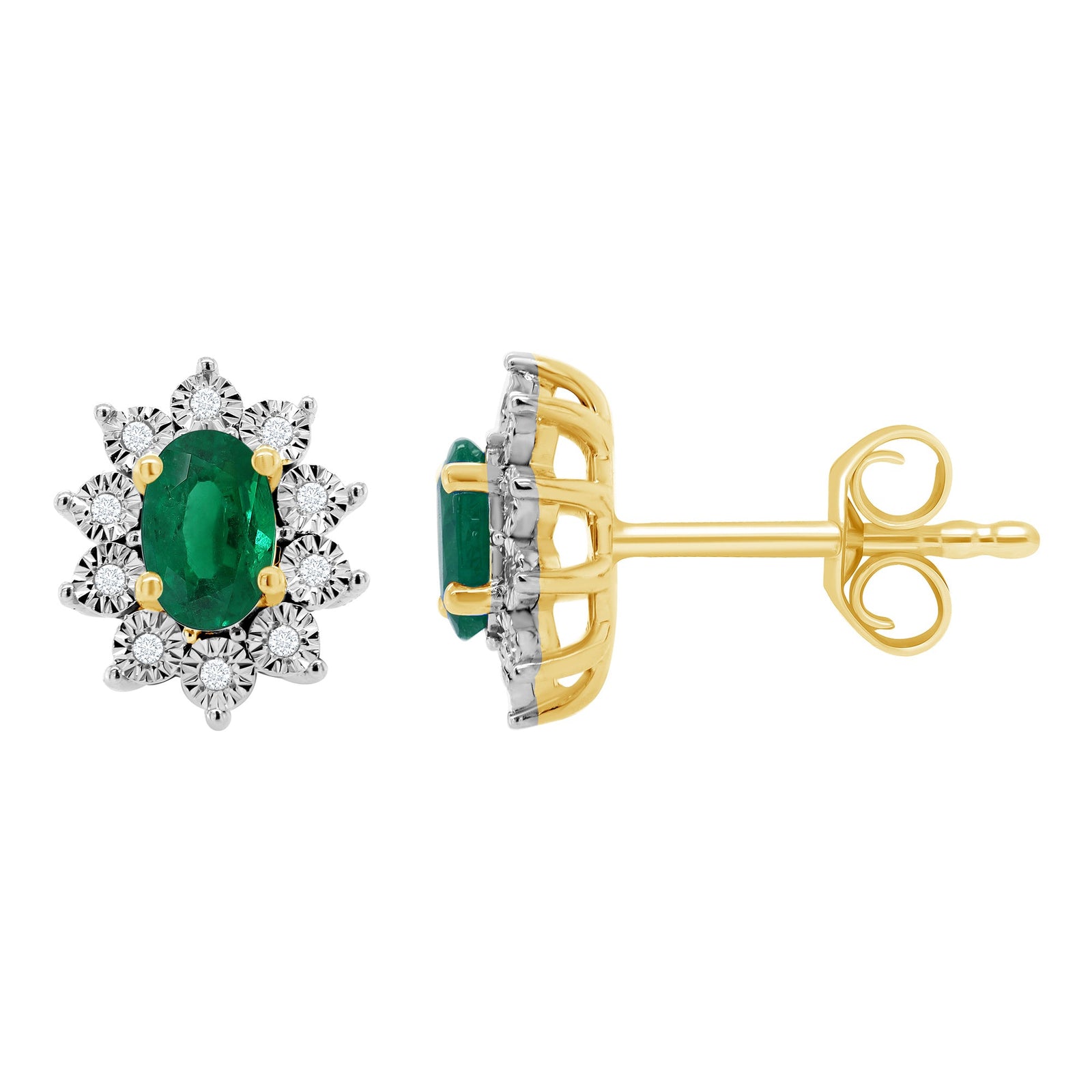 9ct gold 6x4mm oval emerald & miracle plate diamond cluster stud earrings 0.07ct
