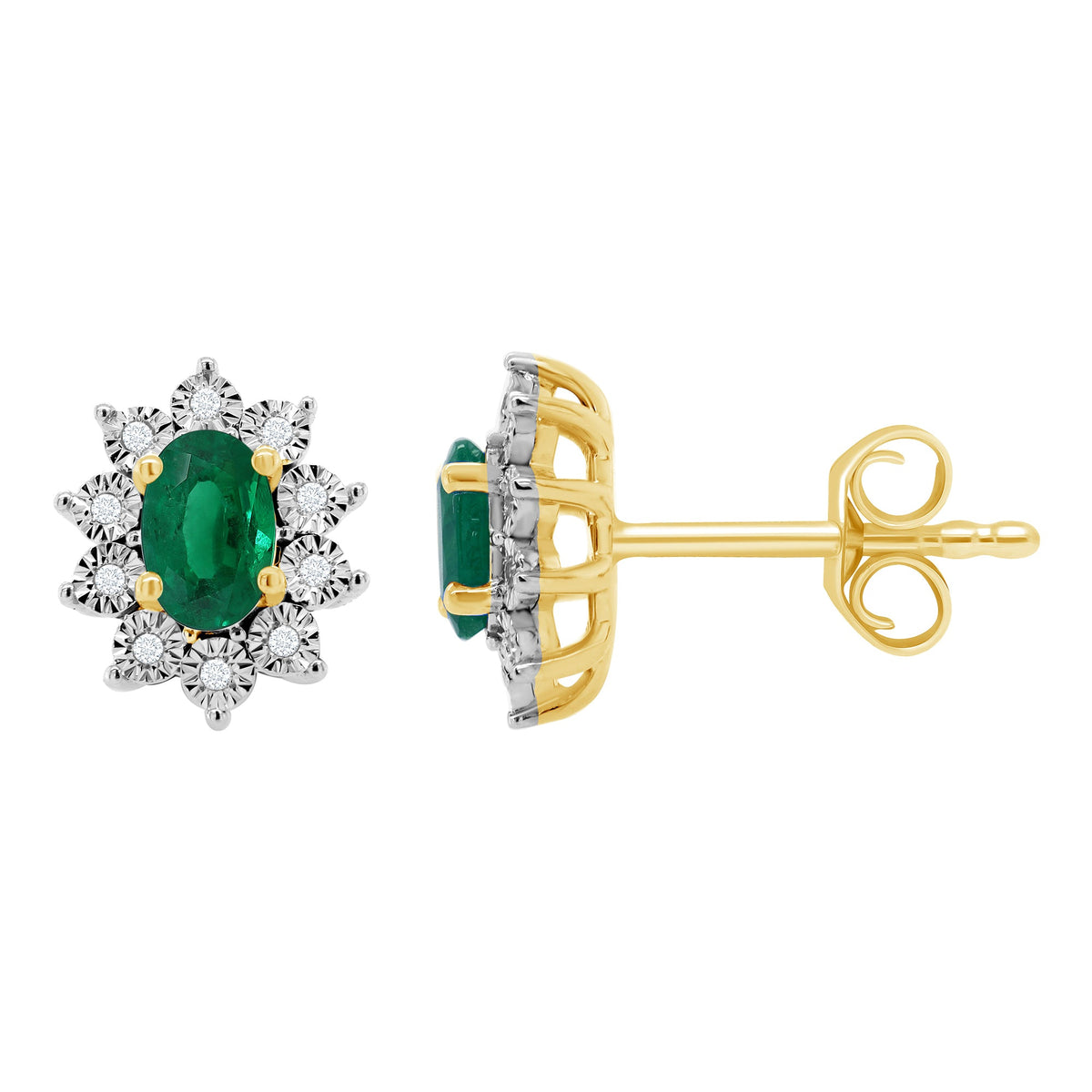 9ct gold 6x4mm oval emerald &amp; miracle plate diamond cluster stud earrings 0.07ct