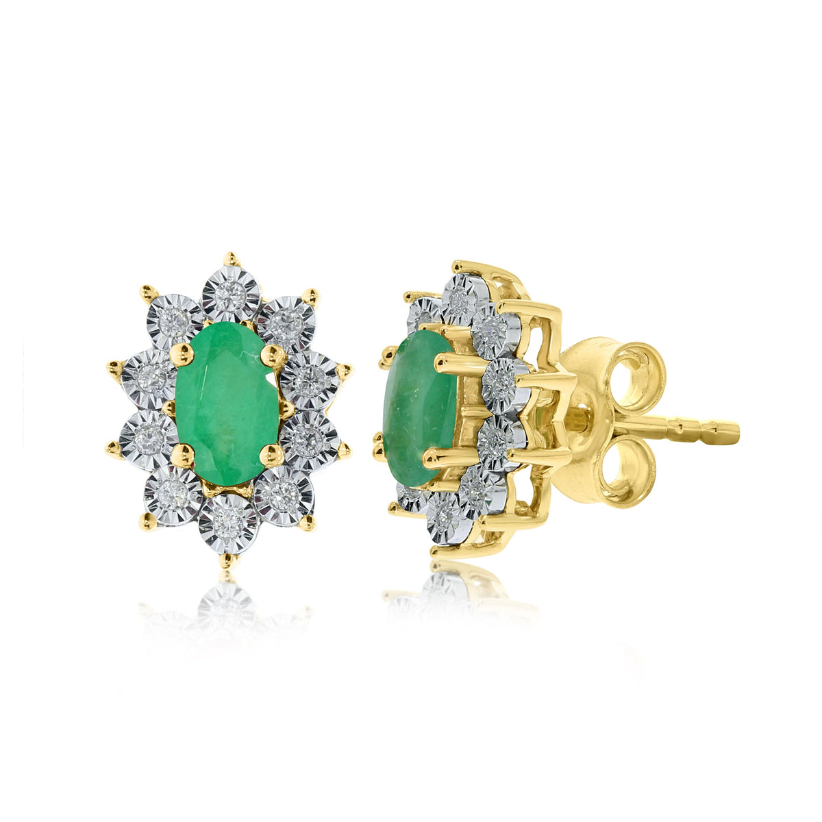 9ct gold 5x3mm oval emerald &amp; miracle plate diamond cluster stud earrings 0.07ct