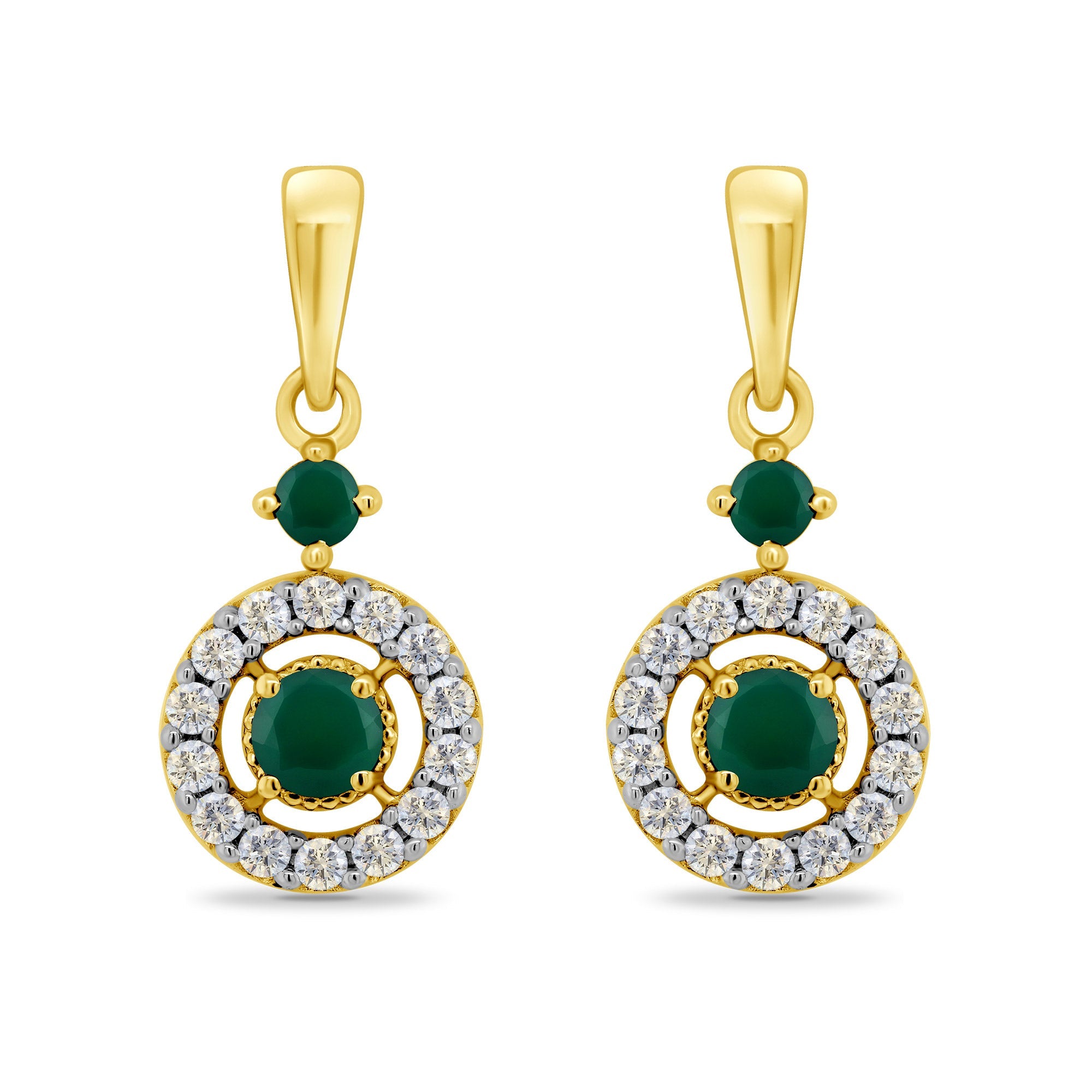 9ct gold 2.5mm & 2mm round emerald & diamond gap halo drop earrings 0.14ct