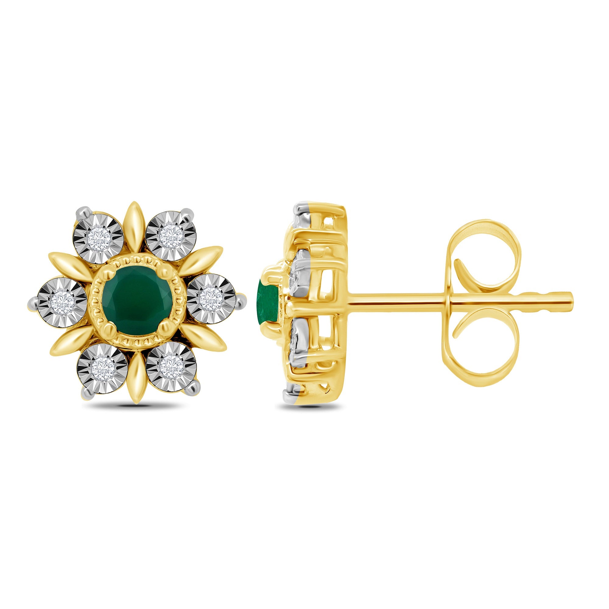 9ct gold 2mm round emerald & miracle plate diamond cluster stud earrings 0.04ct