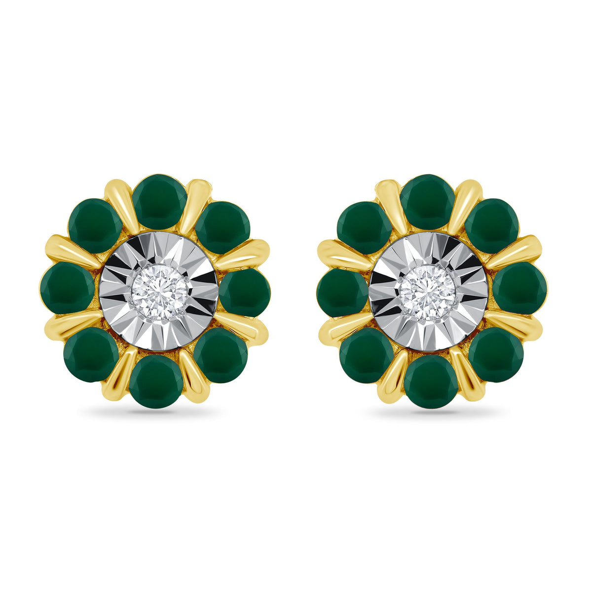 9ct gold miracle plate diamond &amp; 1.25mm round emerald cluster stud earrings 0.02ct