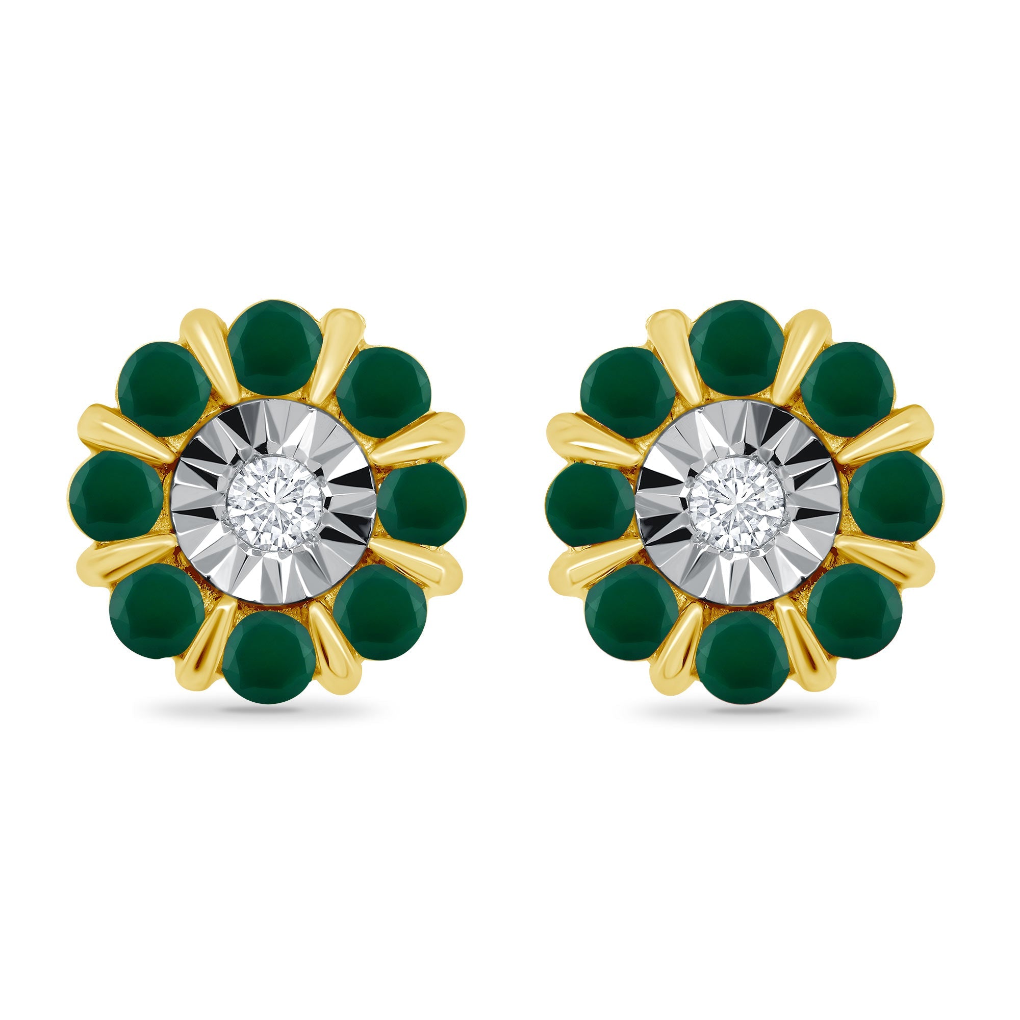 9ct gold miracle plate diamond & 1.25mm round emerald cluster stud earrings 0.02ct