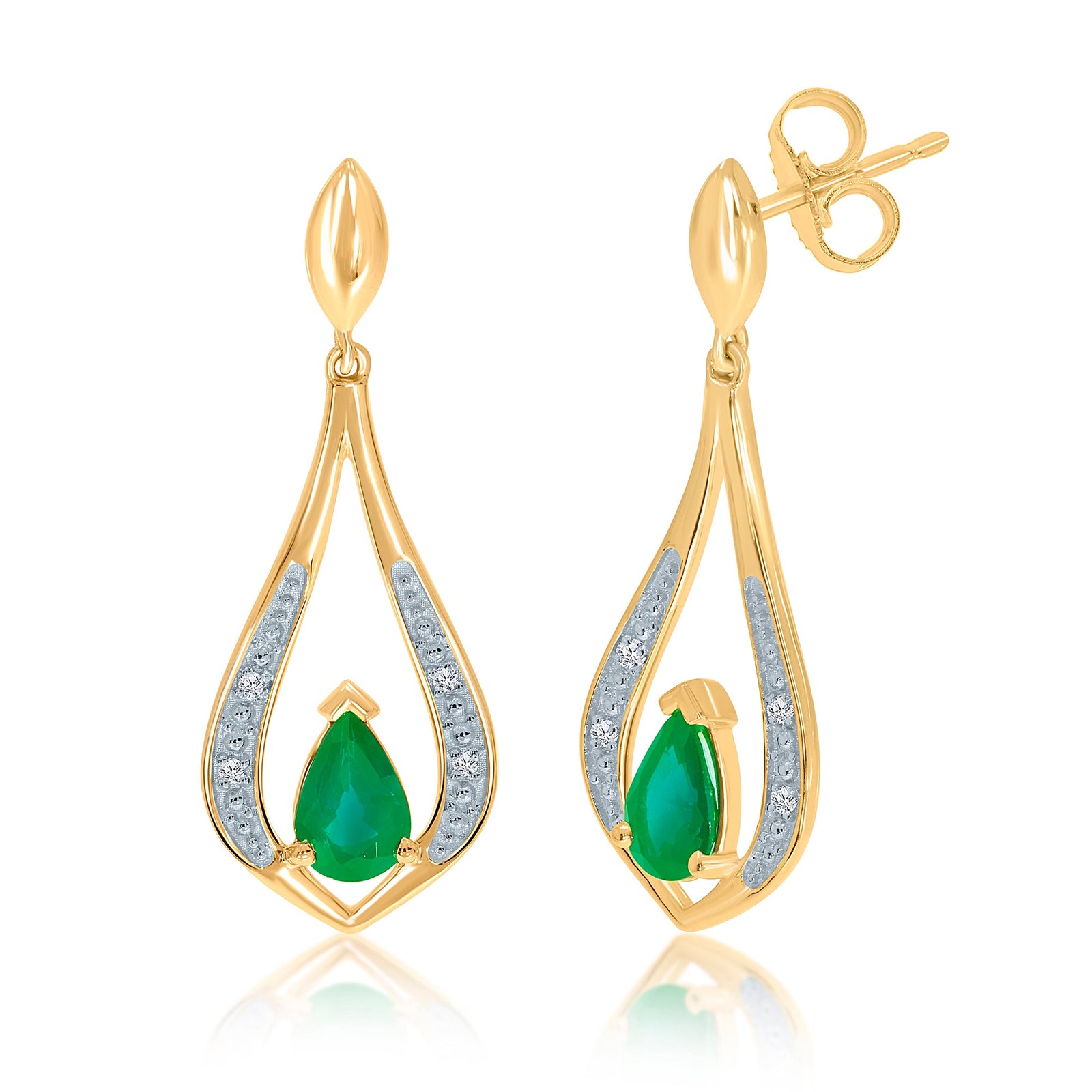 9ct gold 6x4mm pear shape emerald & diamond long drop earrings 0.02ct