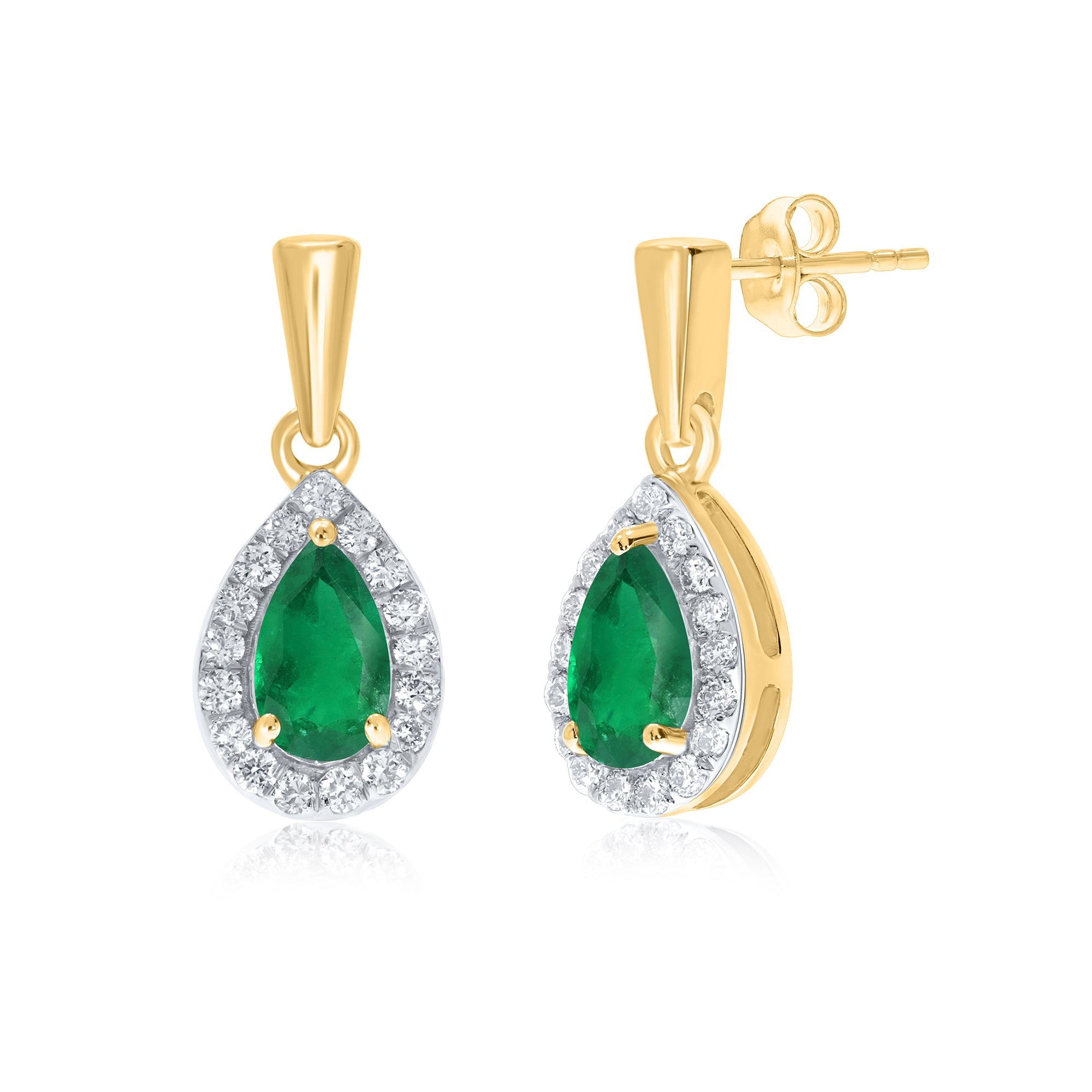 9ct gold 5x3mm pear shape emerald & diamond drop earrings 0.11ct