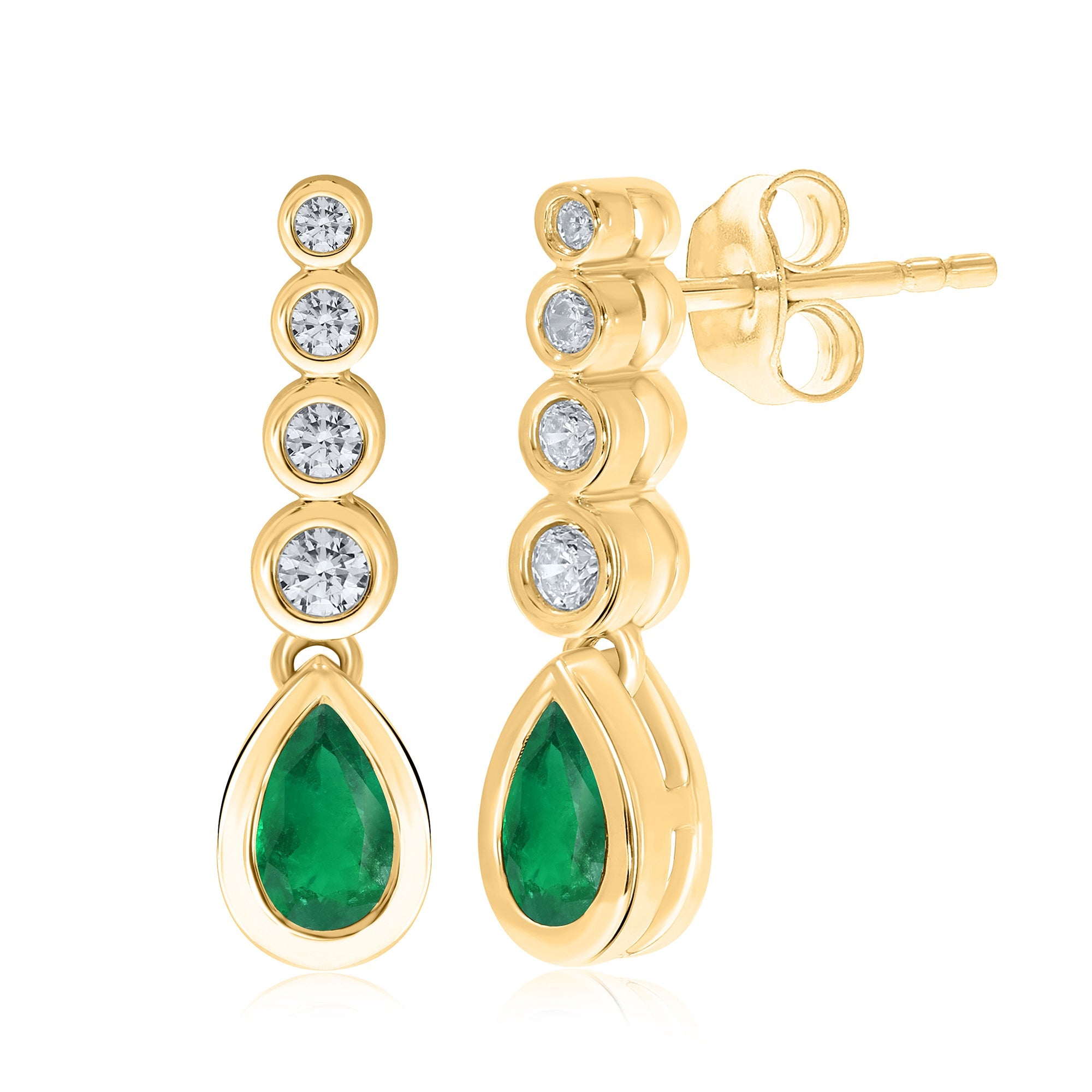 9ct gold 5x3mm pear shape emerald & diamond drop earrings 0.14ct