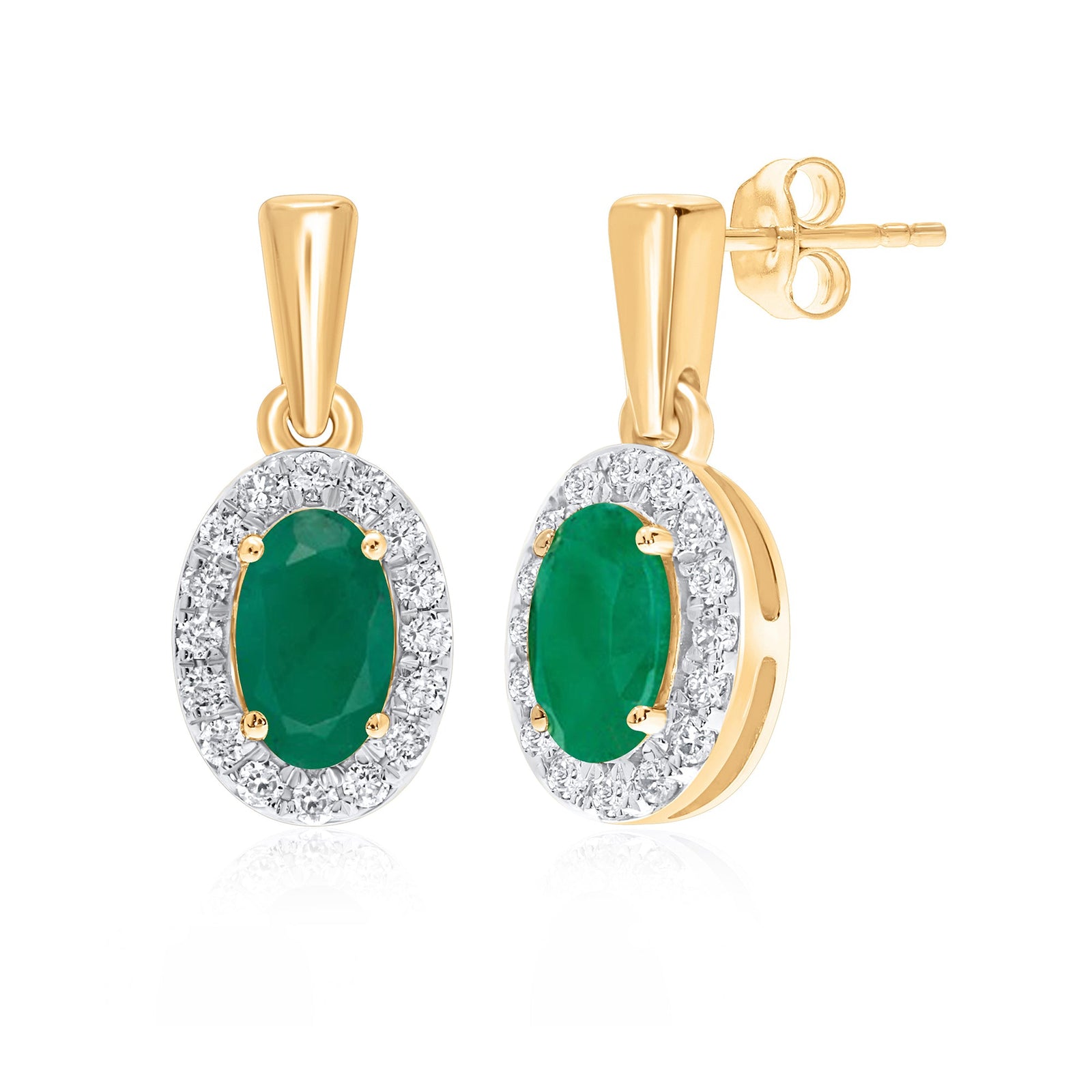 9ct gold 5x3mm oval emerald & diamond cluster drop earrings 0.14ct