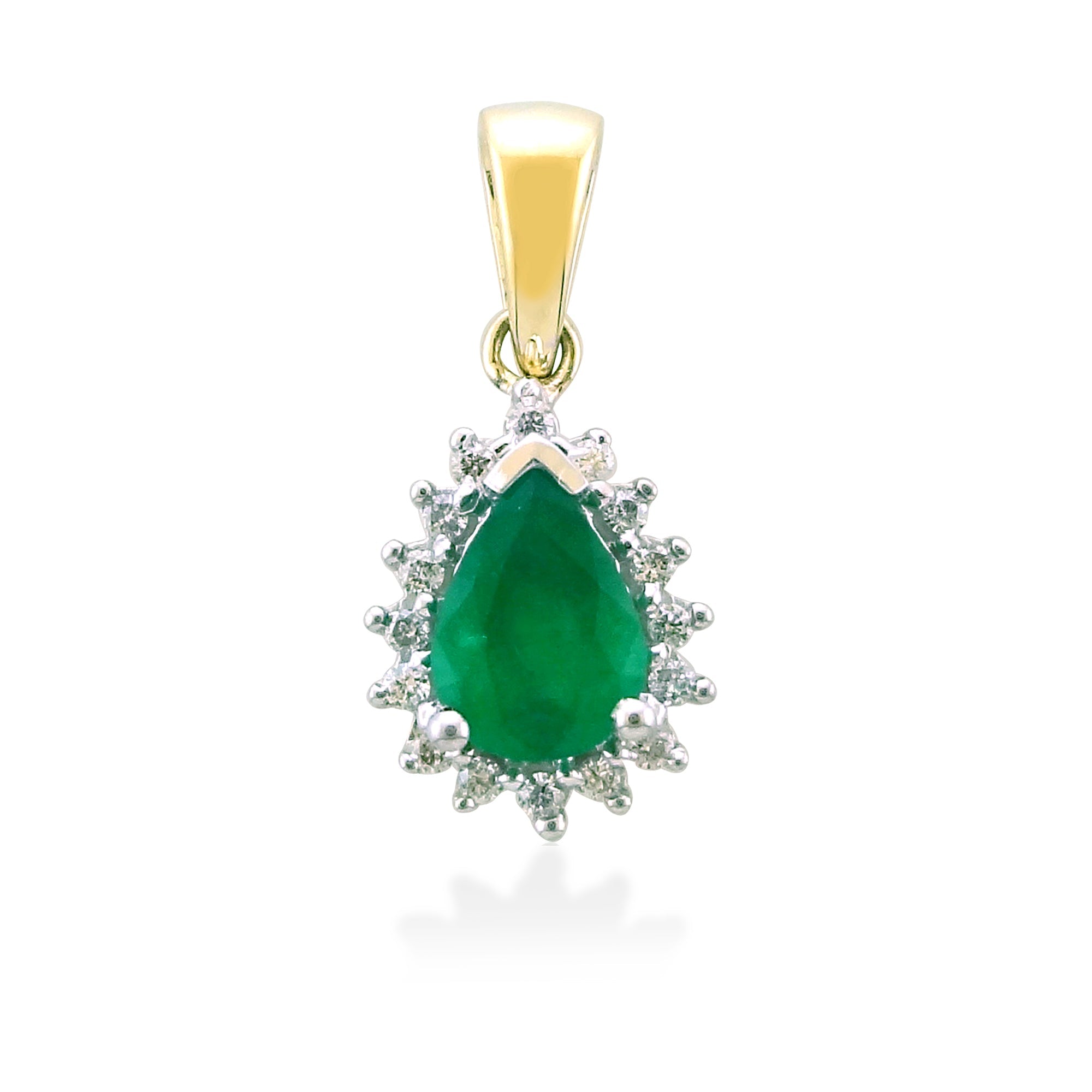 9ct gold 7x5mm pear shape emerald & diamond cluster pendant 0.09ct