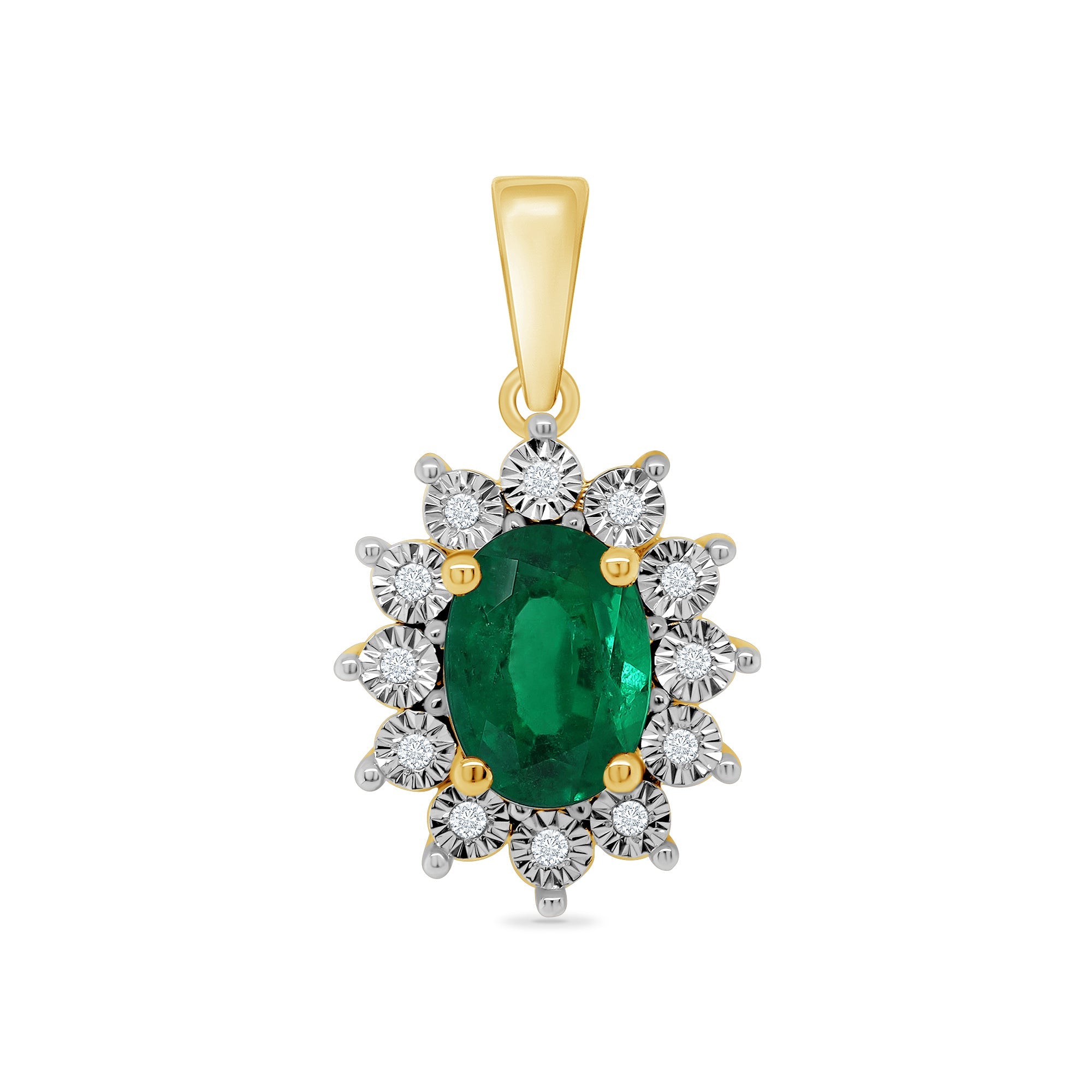 9ct gold 7x5mm oval emerald & miracle plate diamond cluster pendant 0.04ct