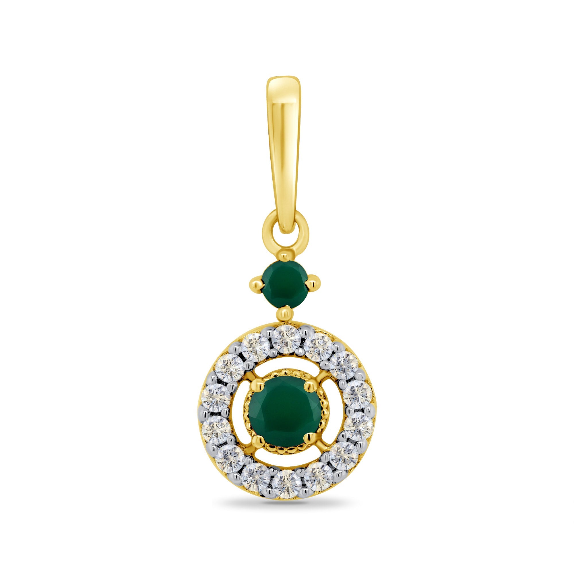 9ct gold 3.00mm & 2.50mm round emerald & diamond gap halo pendant 0.11ct