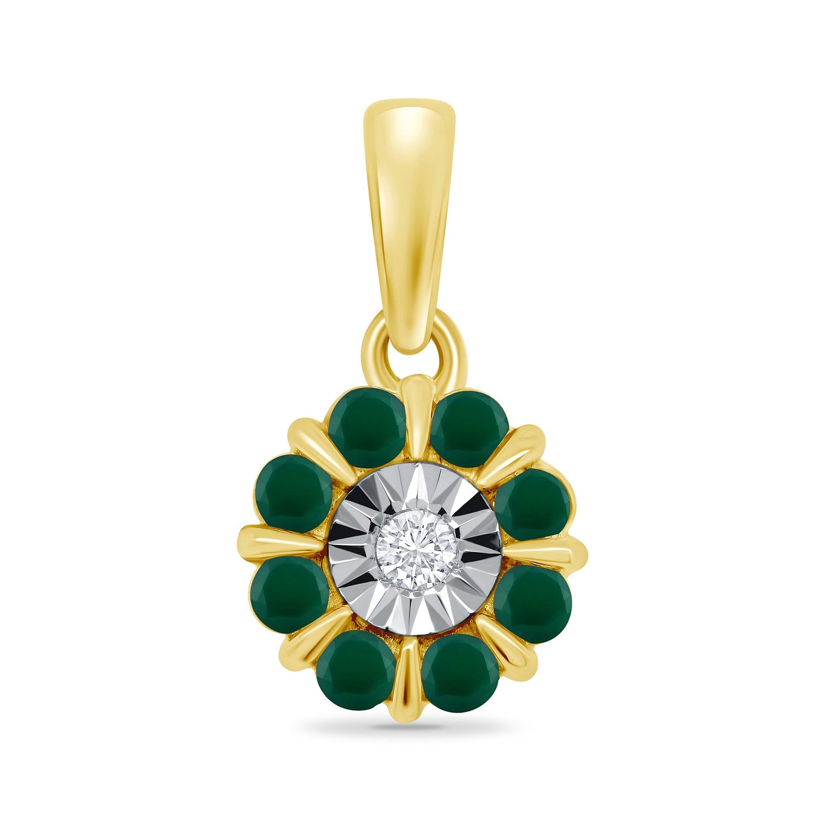 9ct gold miracle plate diamond & 1.75mm round emerald cluster pendant 0.04ct