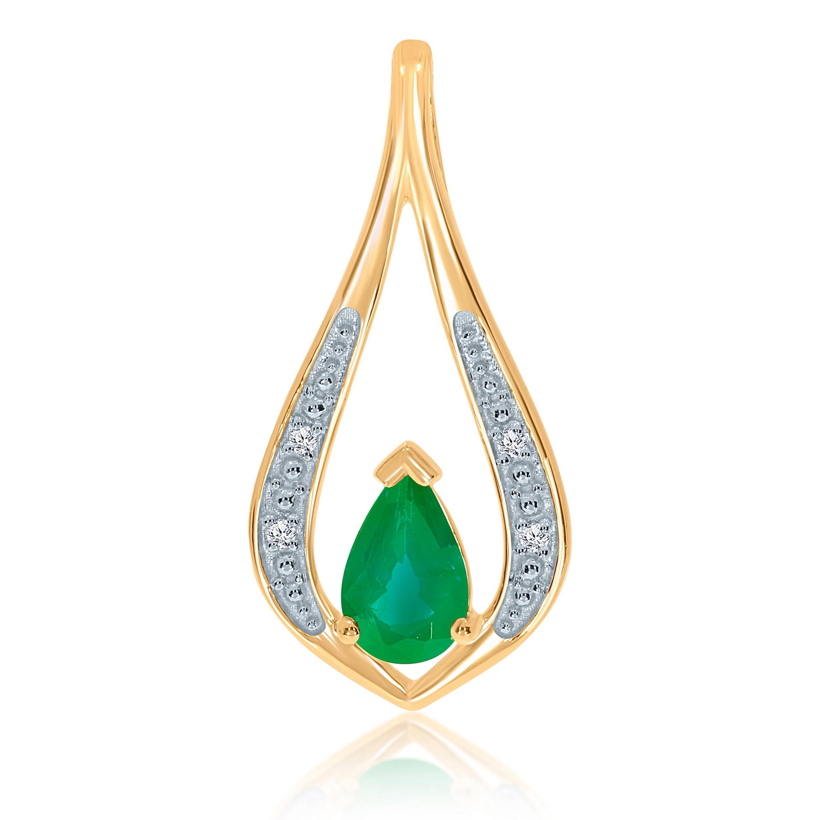 9ct gold 6x4mm pear shape emerald & diamond long pendant 0.01ct