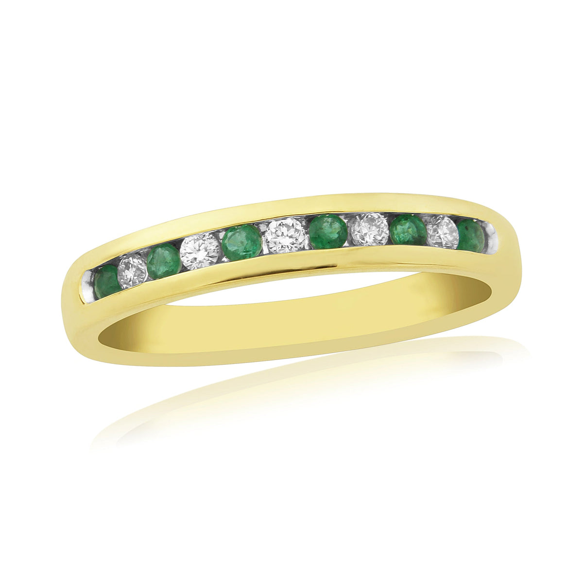 9ct gold emerald &amp; diamond channel set half et ring 0.11ct