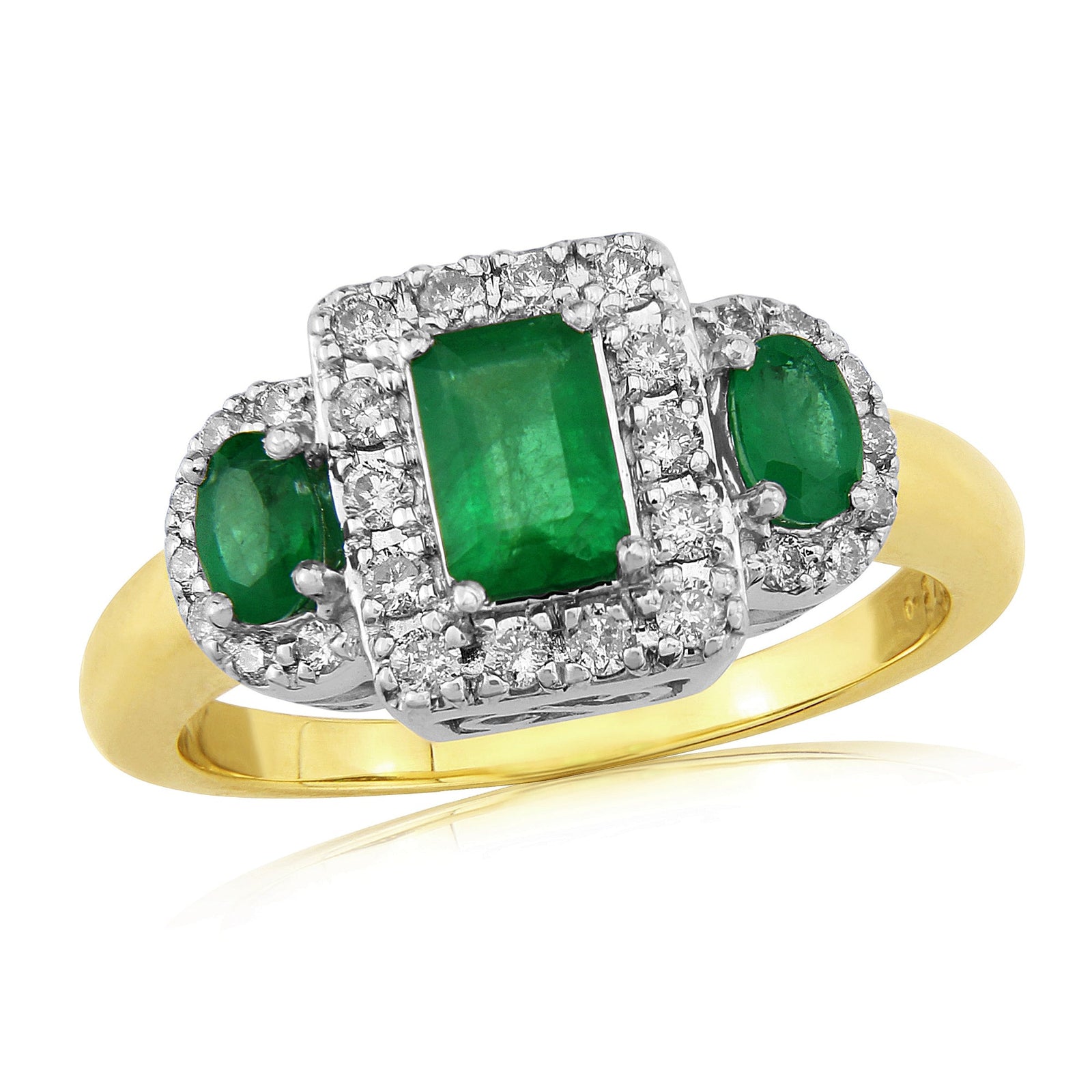 9ct gold triple emerald (Em 6x4mm & Ov 4x3mm) & diamond cluster ring 0.27ct