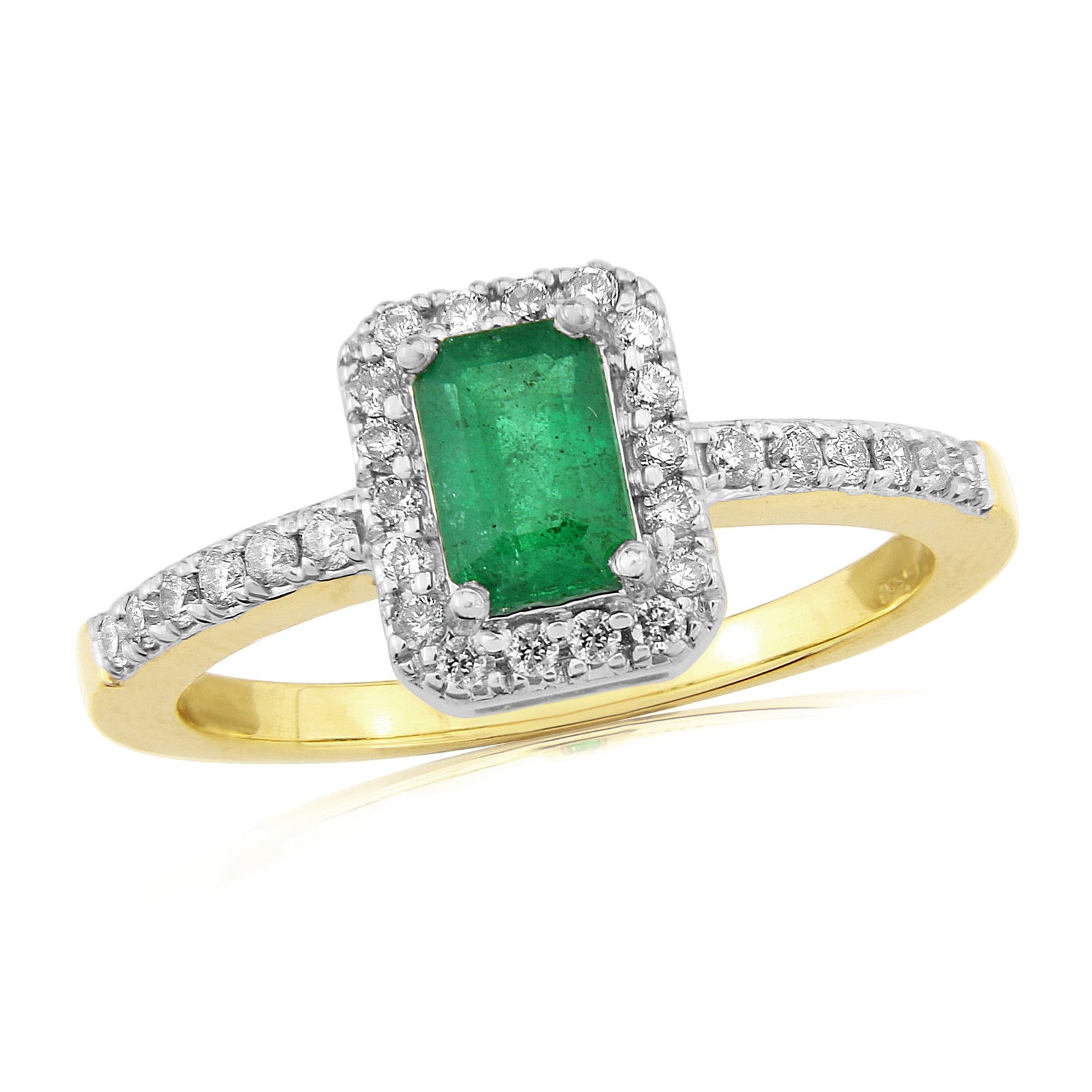 9ct gold 6x4mm octagon cut emerald & diamond cluster ring 0.23ct