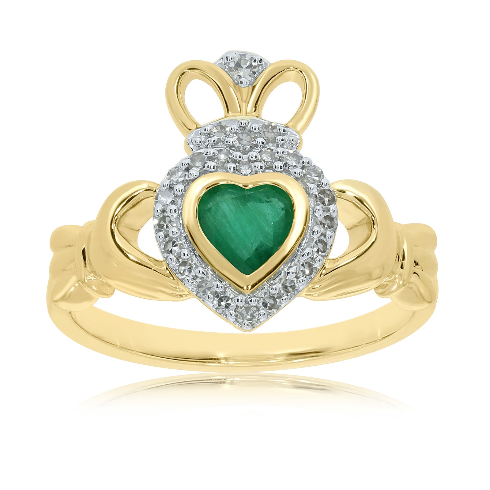 9ct gold 5mm heart shape emerald & diamond cladagh ring 0.15ct