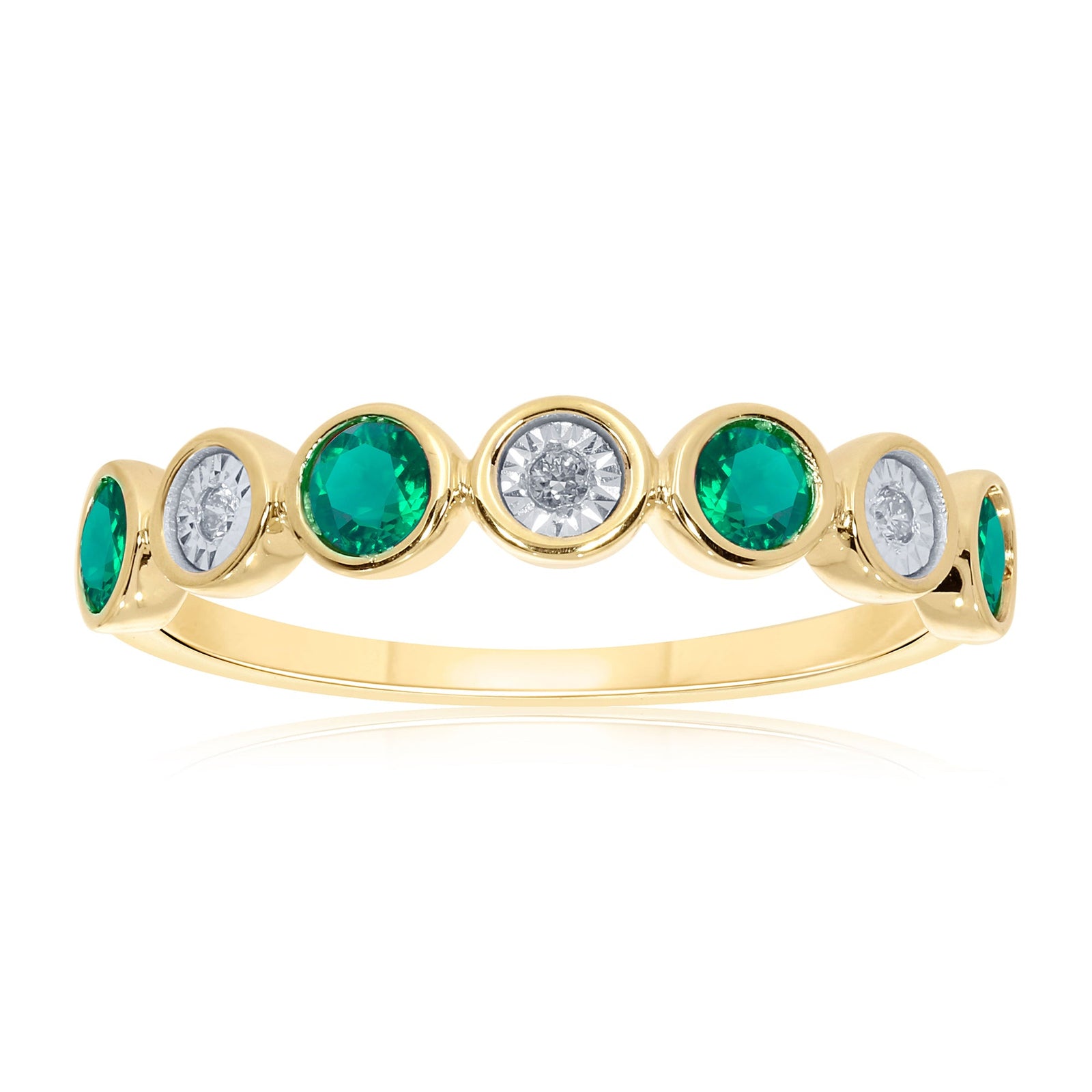 9ct gold 3mm round emerald & miracle plate diamond half et ring 0.03ct