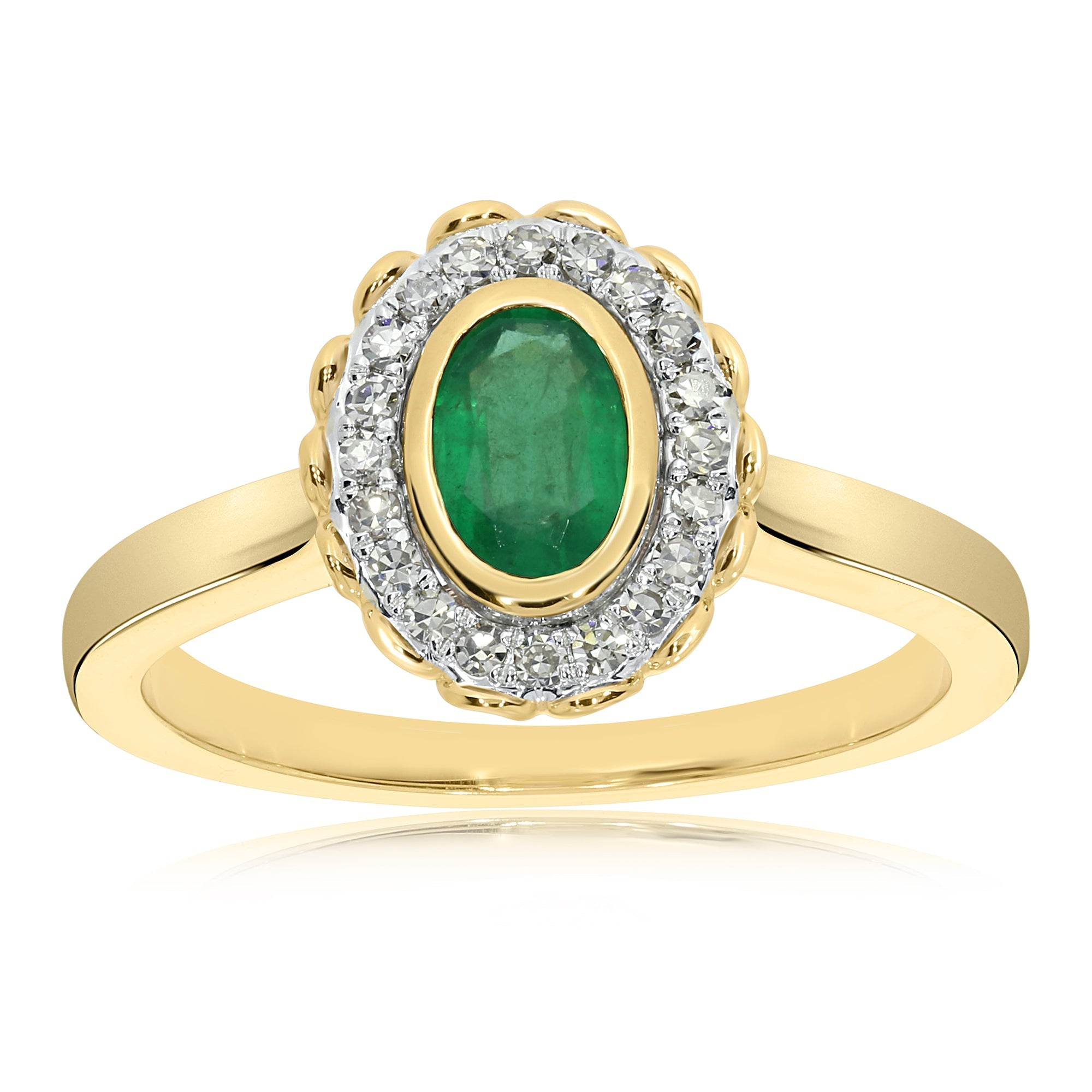 9ct gold 6x4mm oval emerald & diamond cluster ring 0.13ct