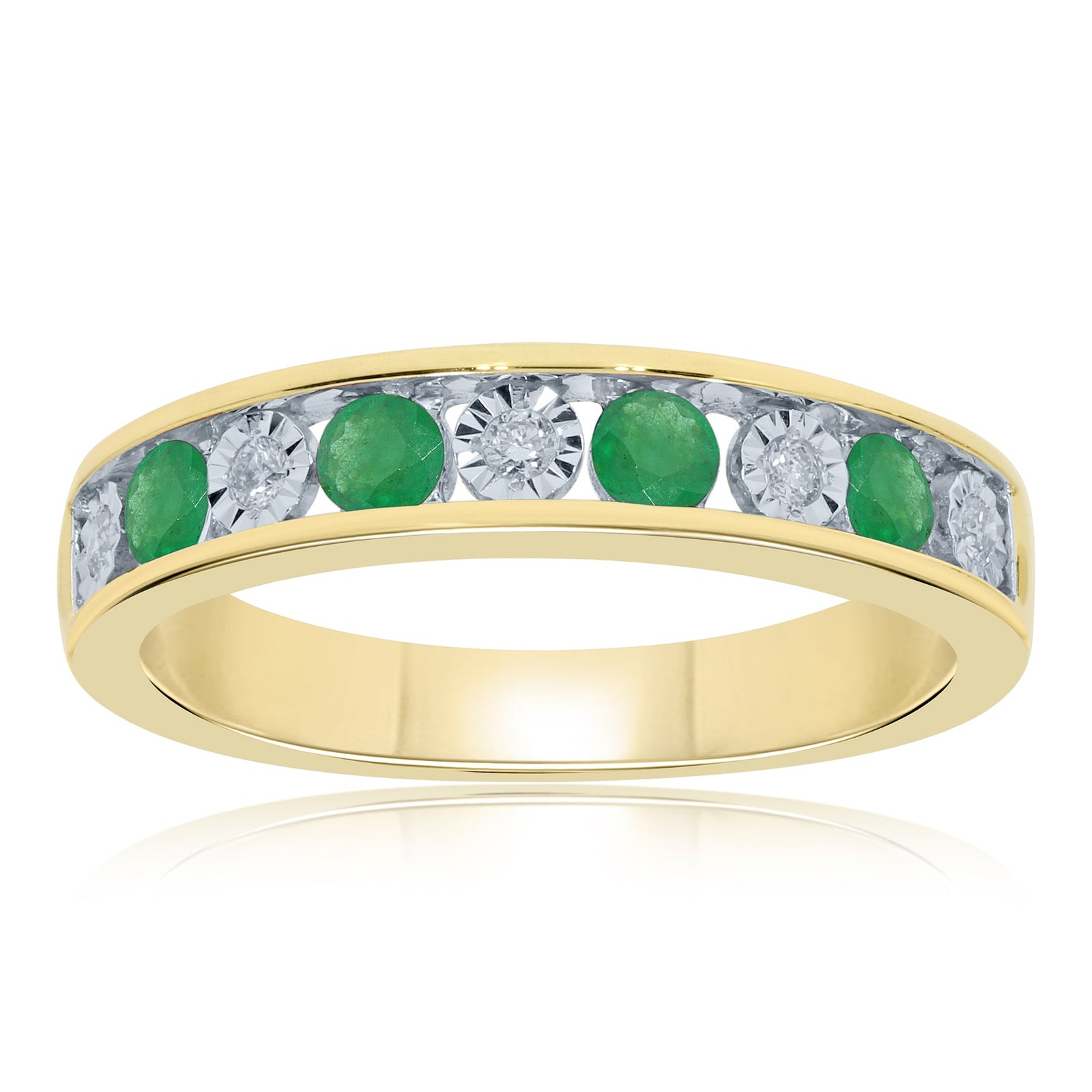 9ct gold 3mm round emerald & miracle plate diamond half et ring 0.09ct