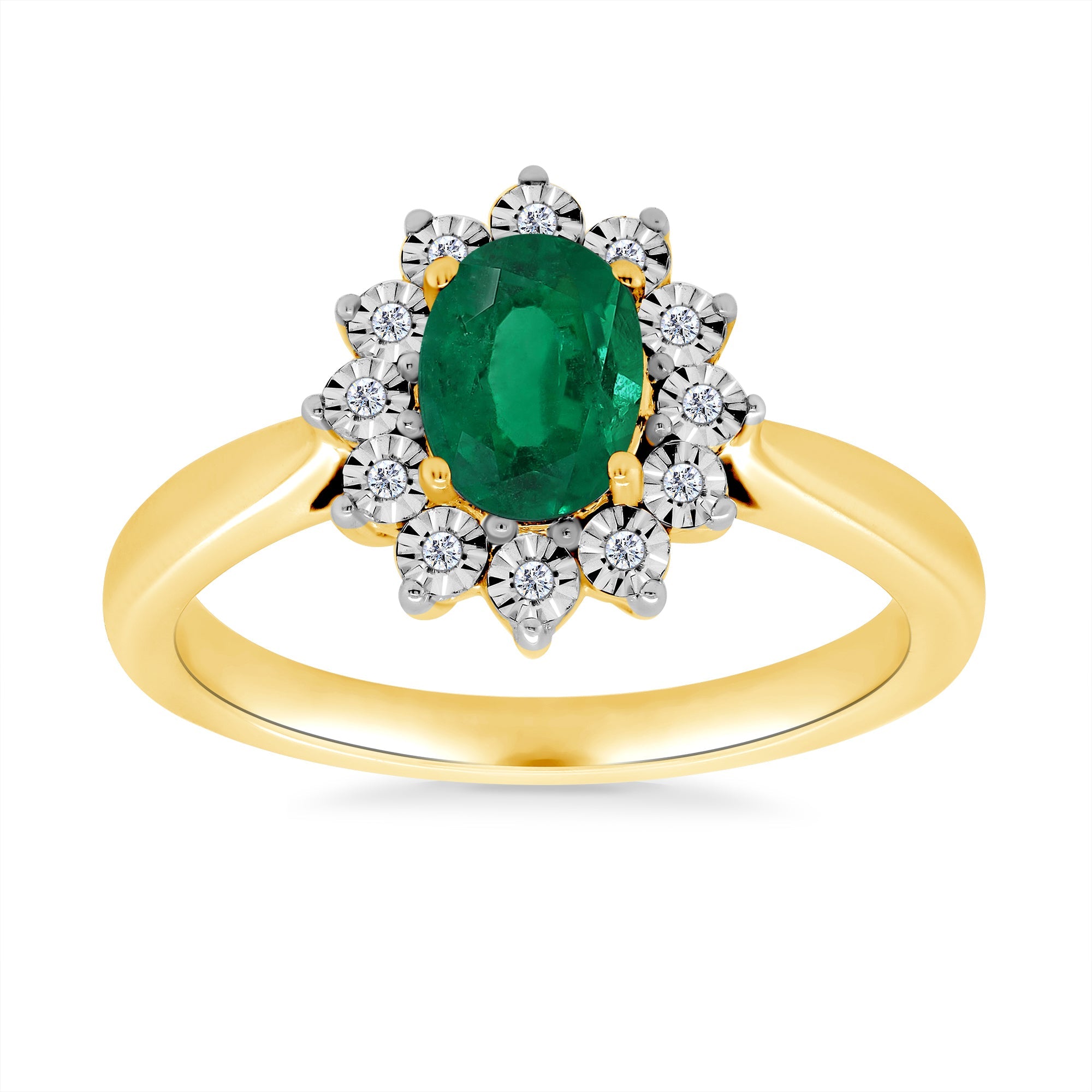 9ct gold 7x5mm oval emerald & miracle plate diamond cluster ring 0.04ct