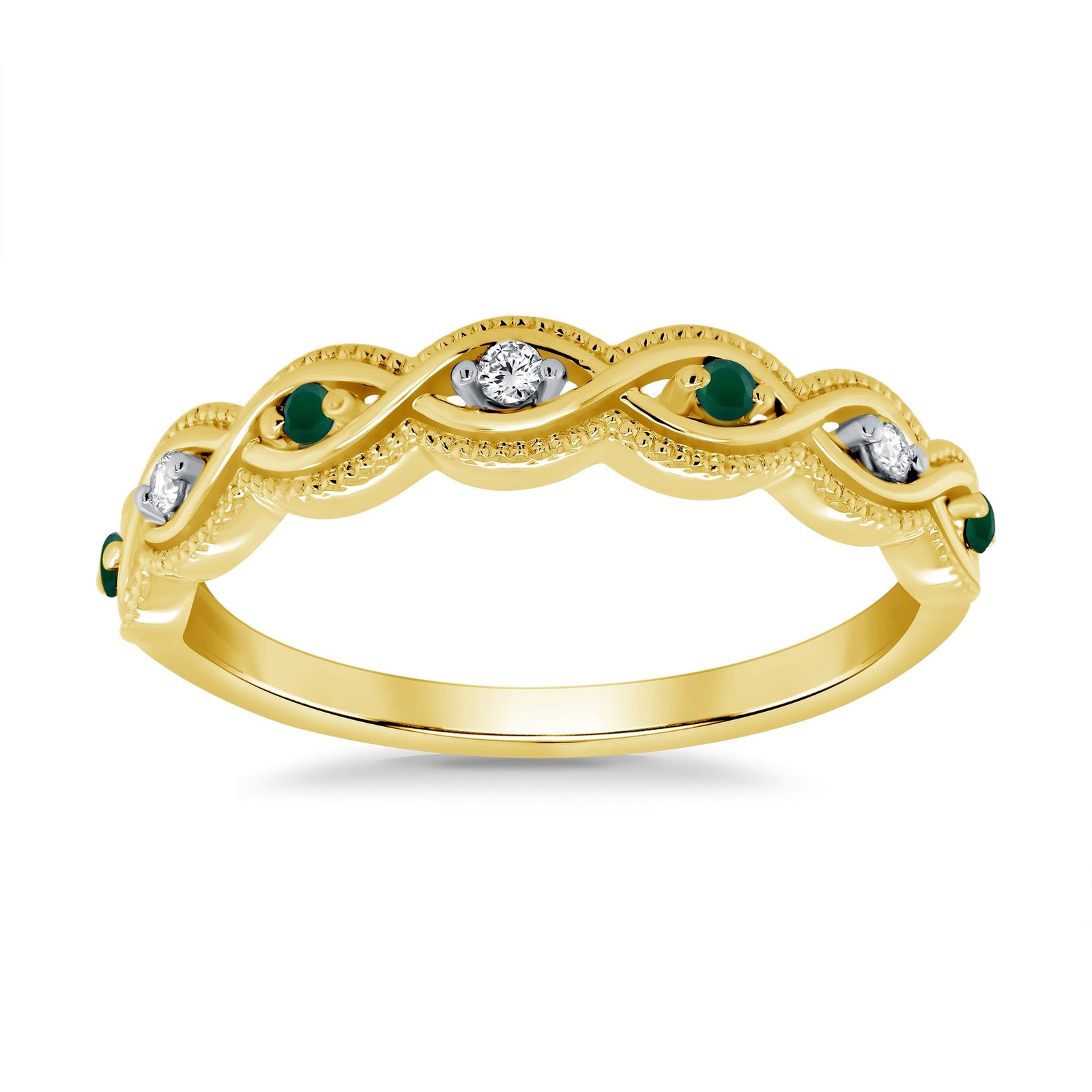 9ct gold 1.3mm emerald & diamond milgrain edge swirl half et ring 0.04ct
