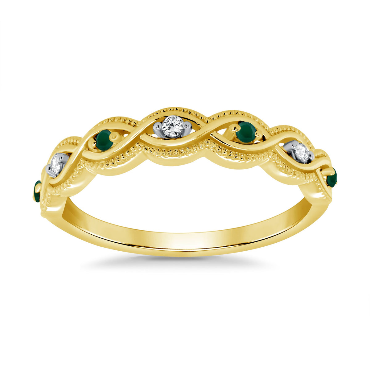 9ct gold 1.3mm emerald &amp; diamond milgrain edge swirl half et ring 0.04ct