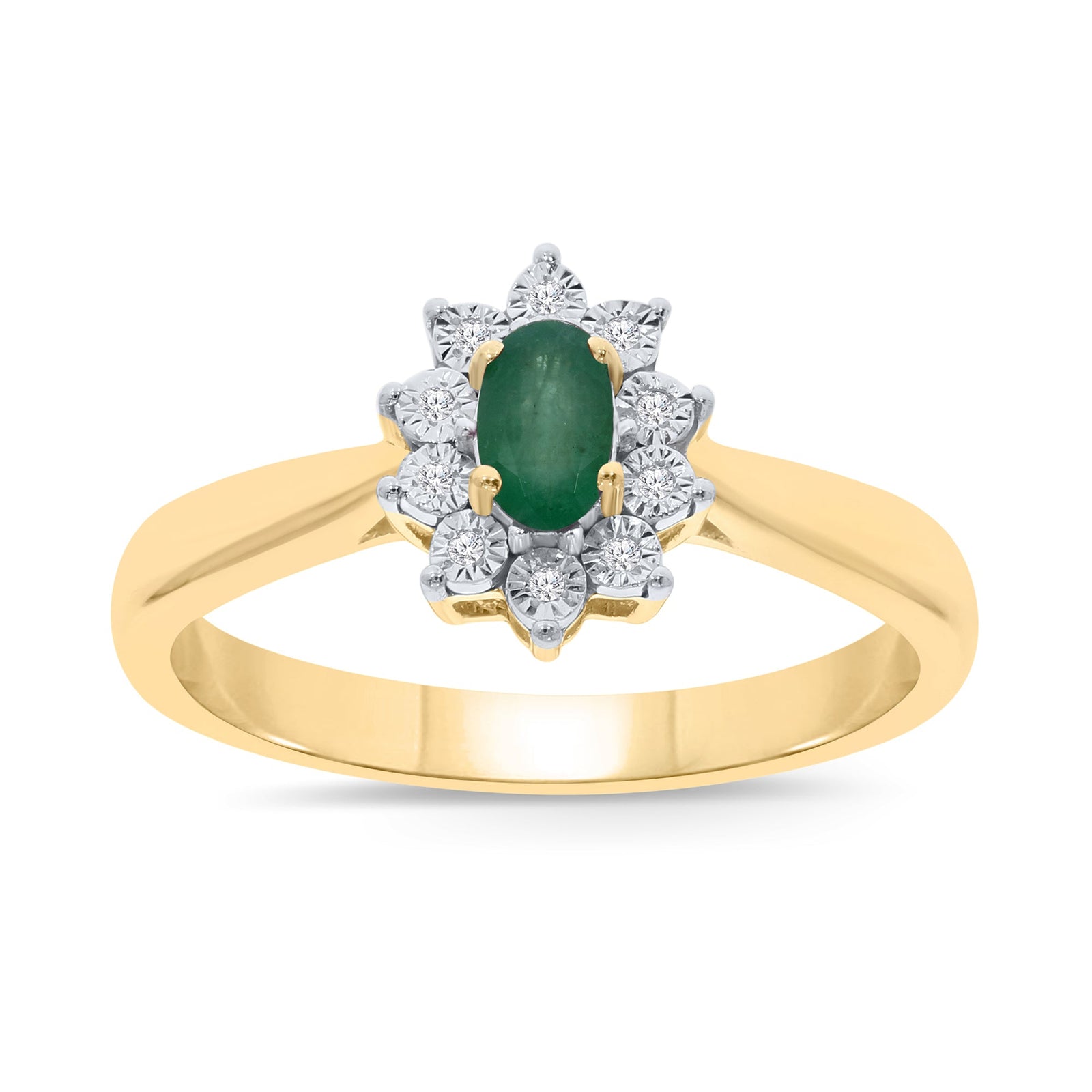 9ct gold 5x3mm oval emerald & miracle plate diamond cluster ring 0.03ct