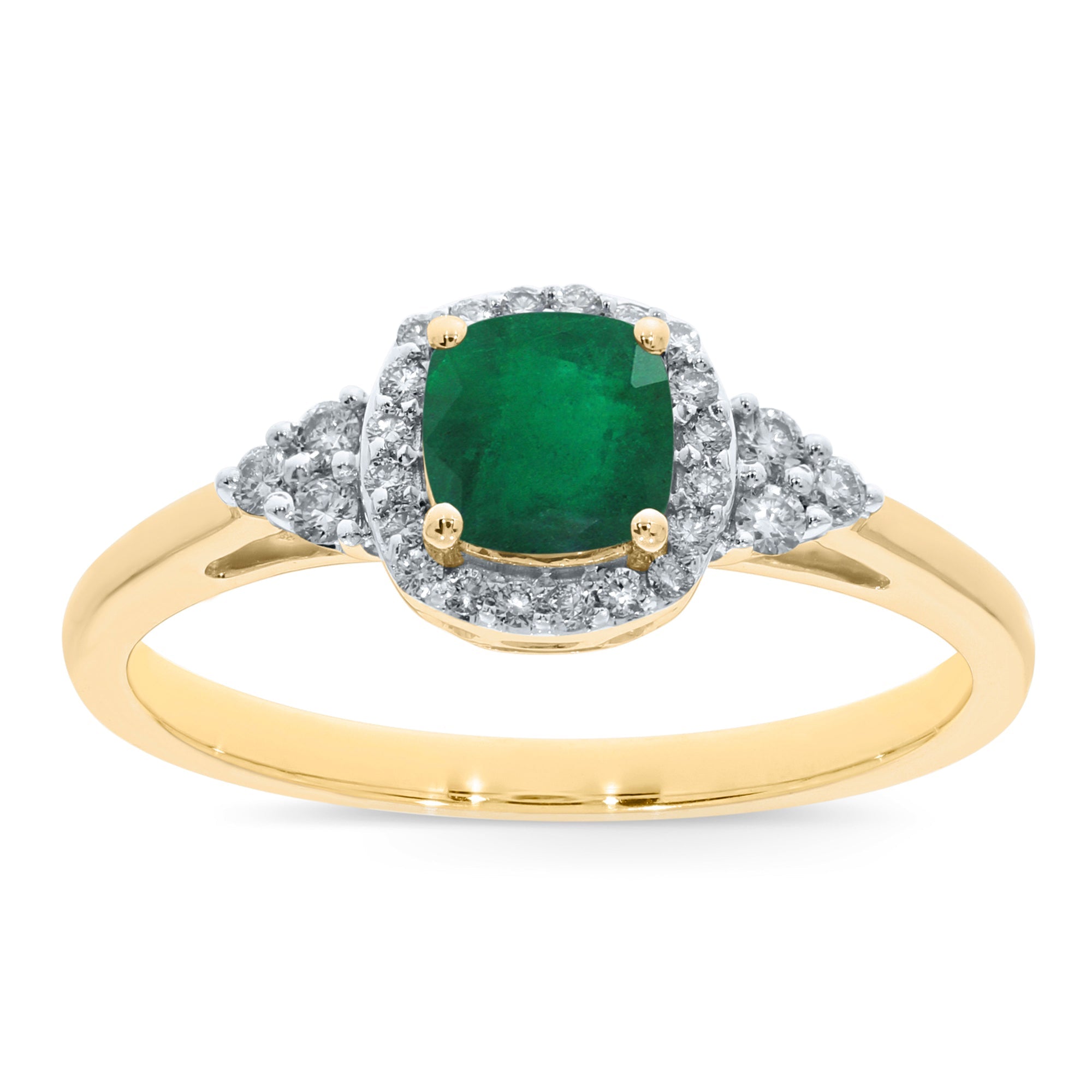 9ct gold 5mm cushion shape emerald & diamond ring 0.15ct