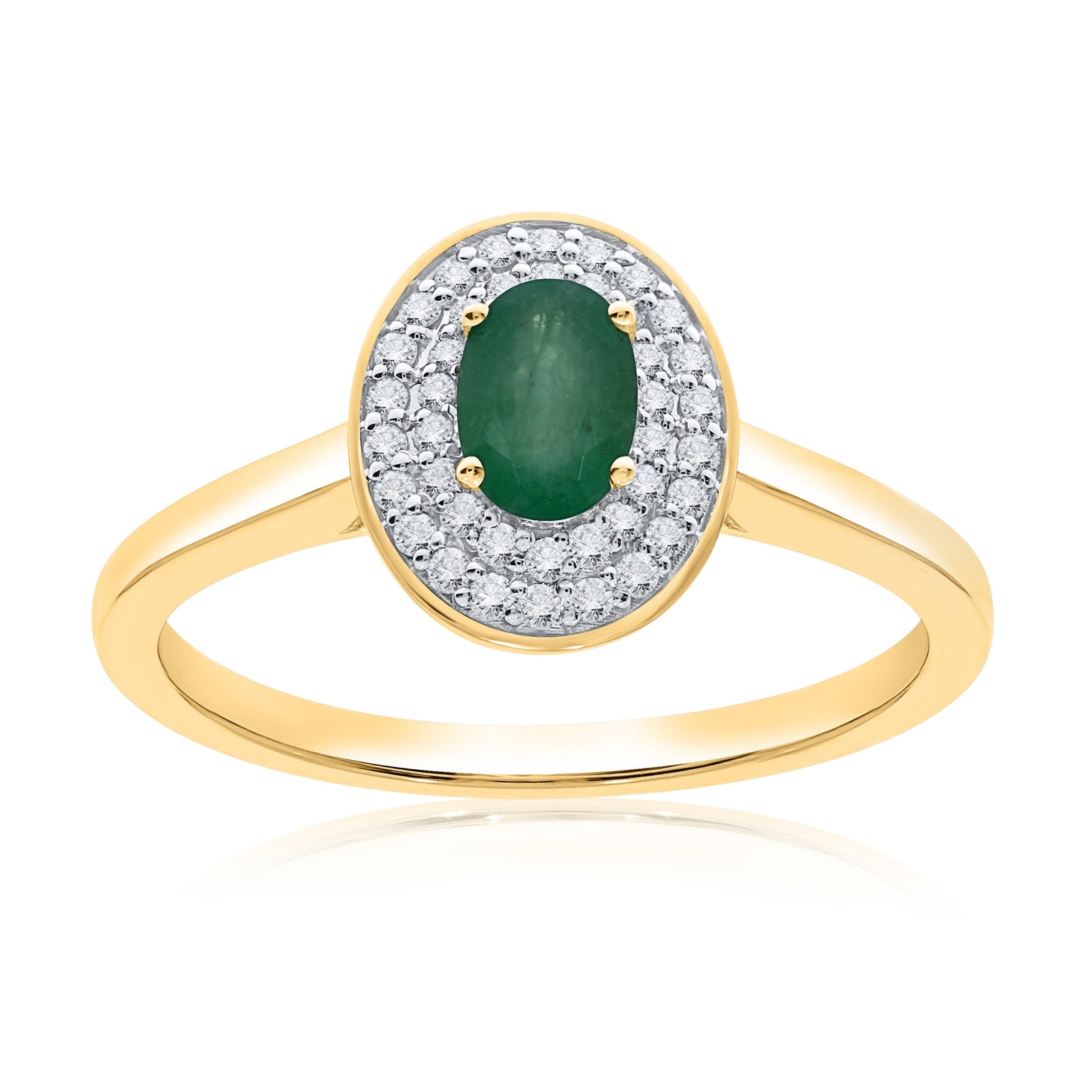 9ct gold 6x4mm oval emerald & two row diamond cluster ring 0.20ct