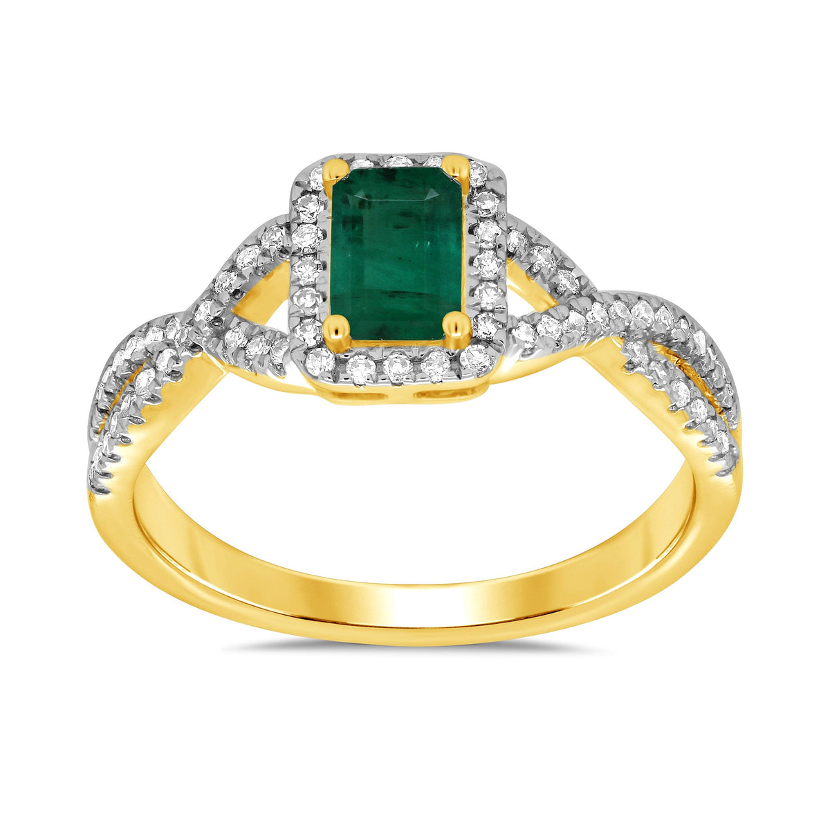9ct gold 6x4mm octagon cut emerald &amp; diamond cluster ring with diamond set crossover shoulders 0.21ct