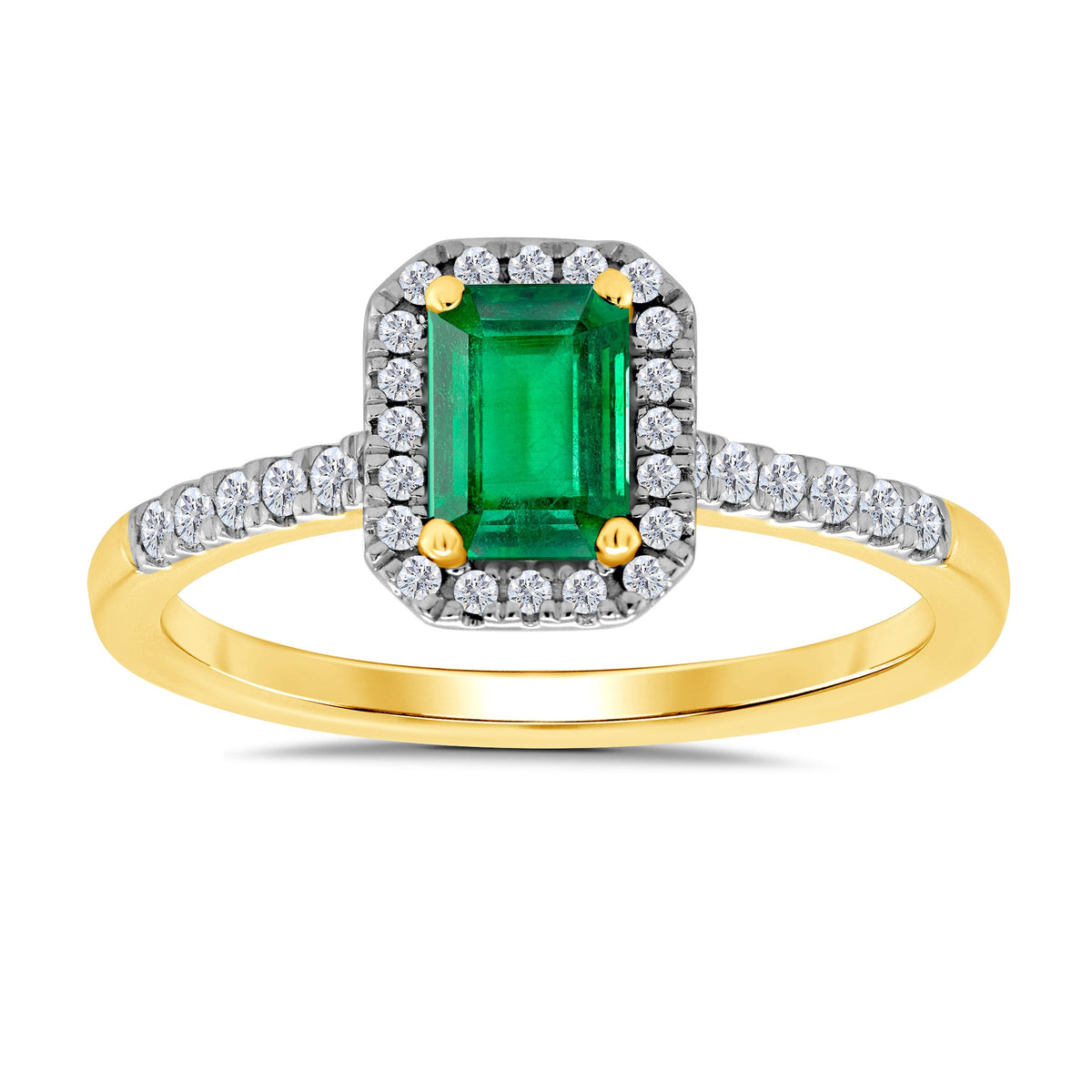 9ct gold 6x4mm octagon cut emerald &amp; diamond cluster ring with diamond set shoulders 0.20ct