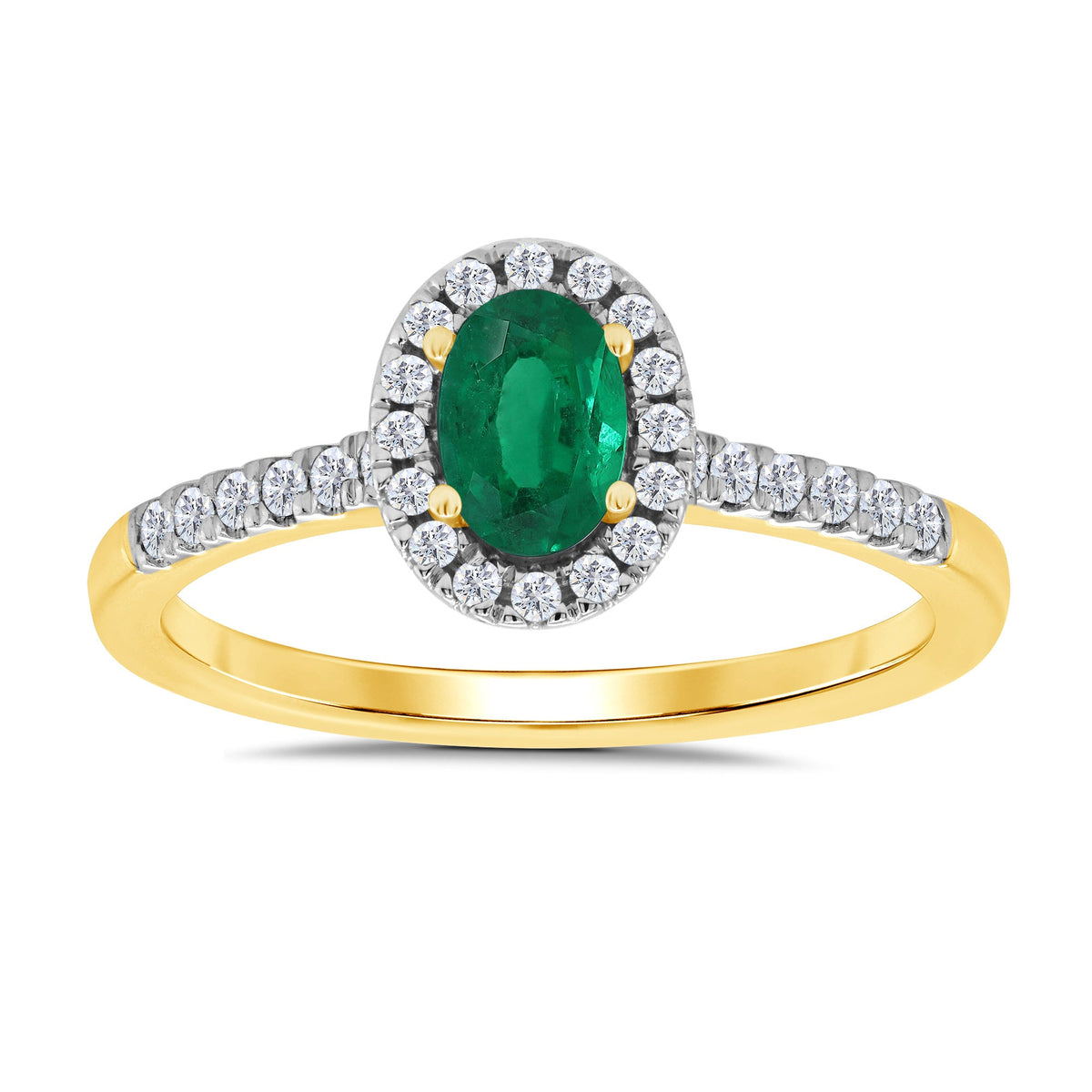 9ct gold 6x4mm oval emerald &amp; diamond cluster ring with diamond set shoulders 0.20ct