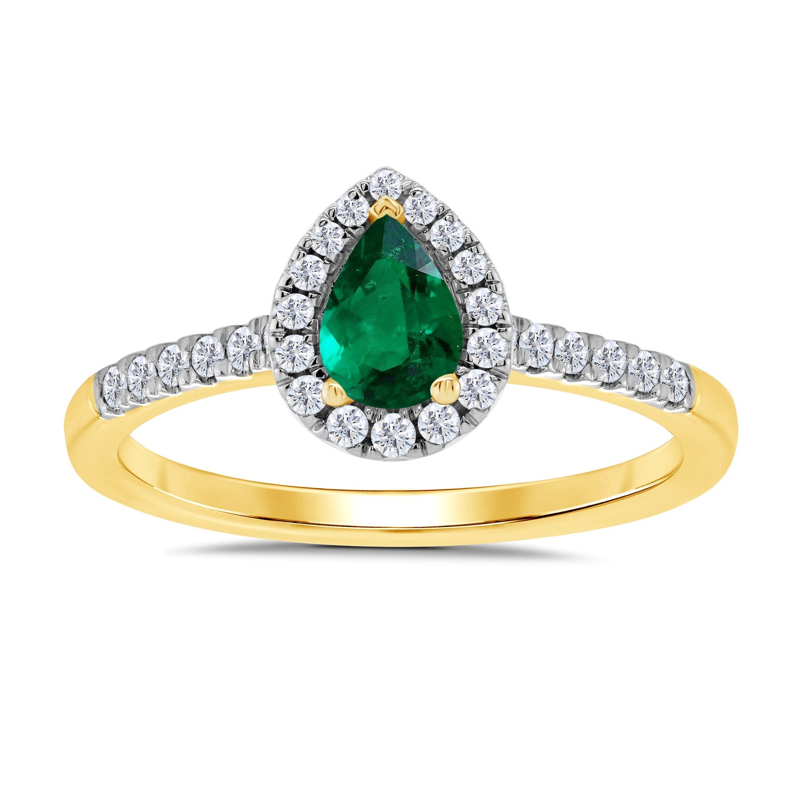 9ct gold 6x4mm pear shape emerald & diamond cluster ring with diamond set shoulders 0.20ct