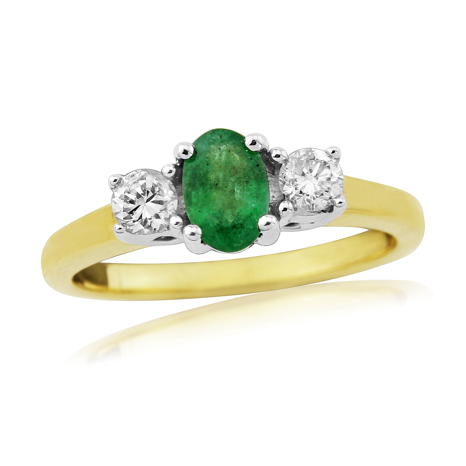 9ct gold 6x4mm oval emerald & diamond three stone ring 0.24ct