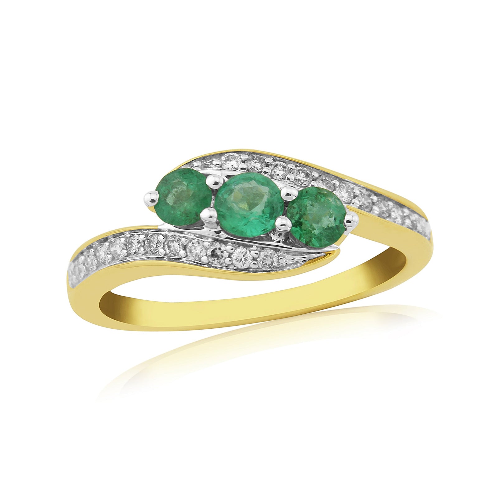 9ct gold three stone emerald ( 1 x 3.5mm & 2 x 3.25mm) & diamond cross-over ring 0.17ct