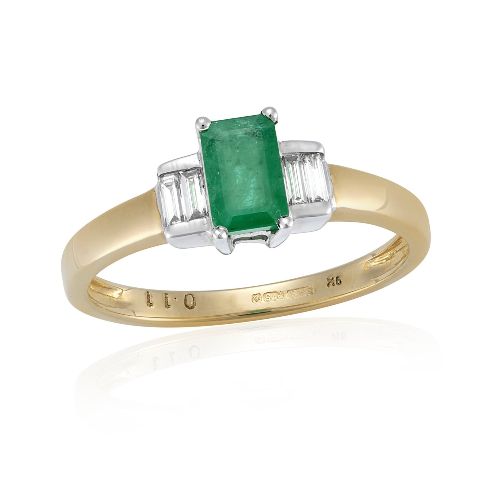 9ct gold 6x4mm octagon cut emerald & baguette cut diamonds ring 0.11ct