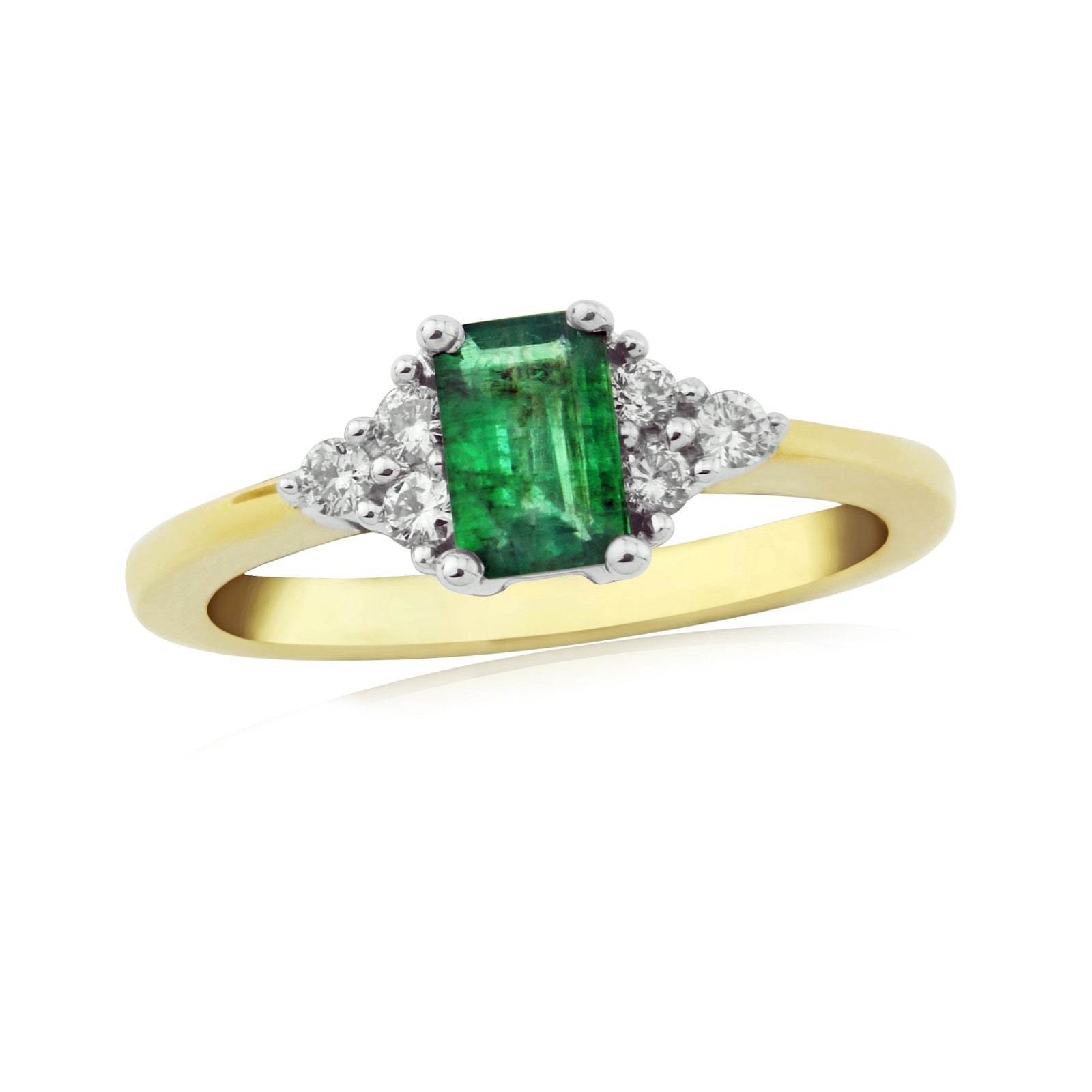 9ct gold 6x4mm octagon cut emerald & three stone diamond shoulders ring 0.14ct