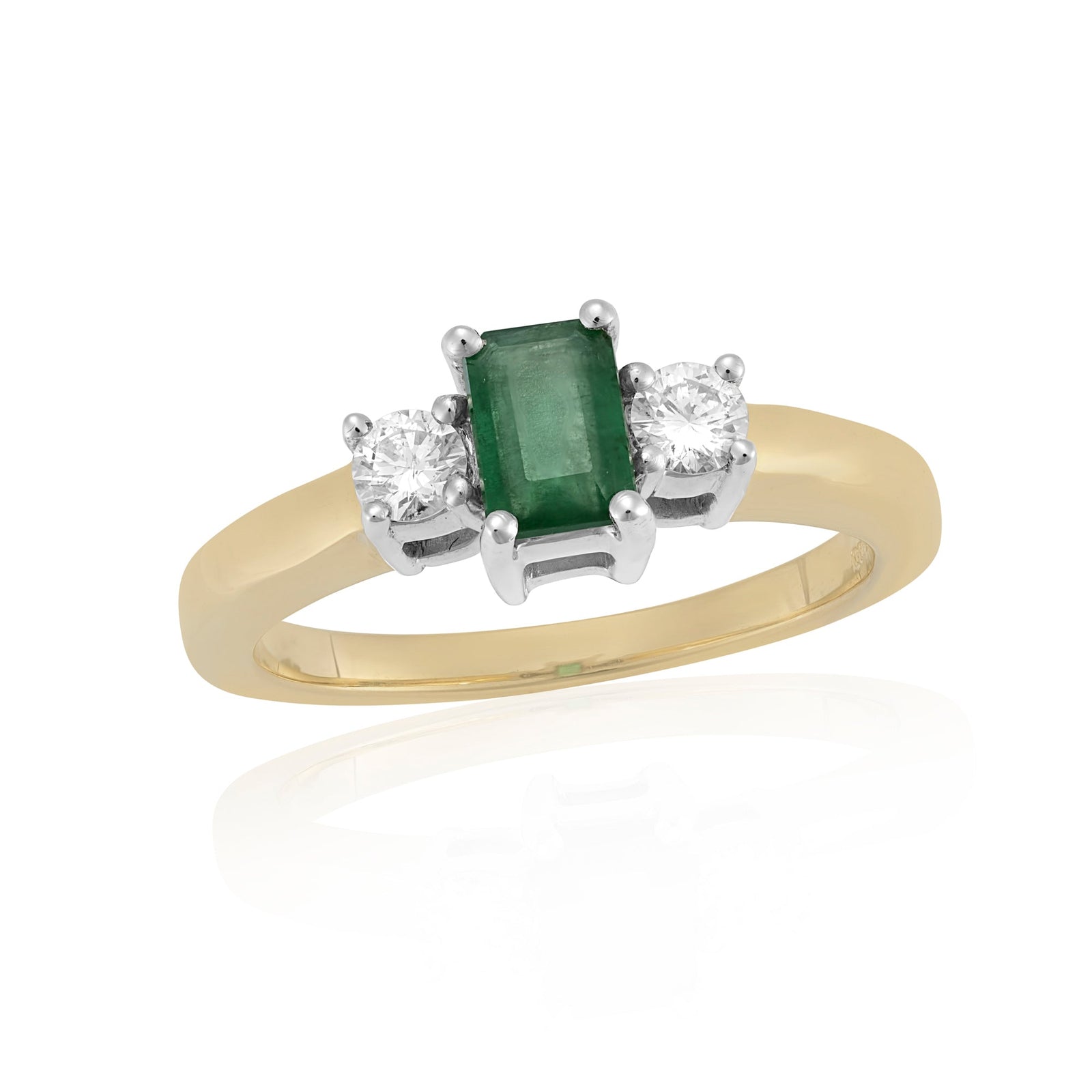 9ct gold 6x4mm octagon cut emerald & diamond three stone ring 0.25ct