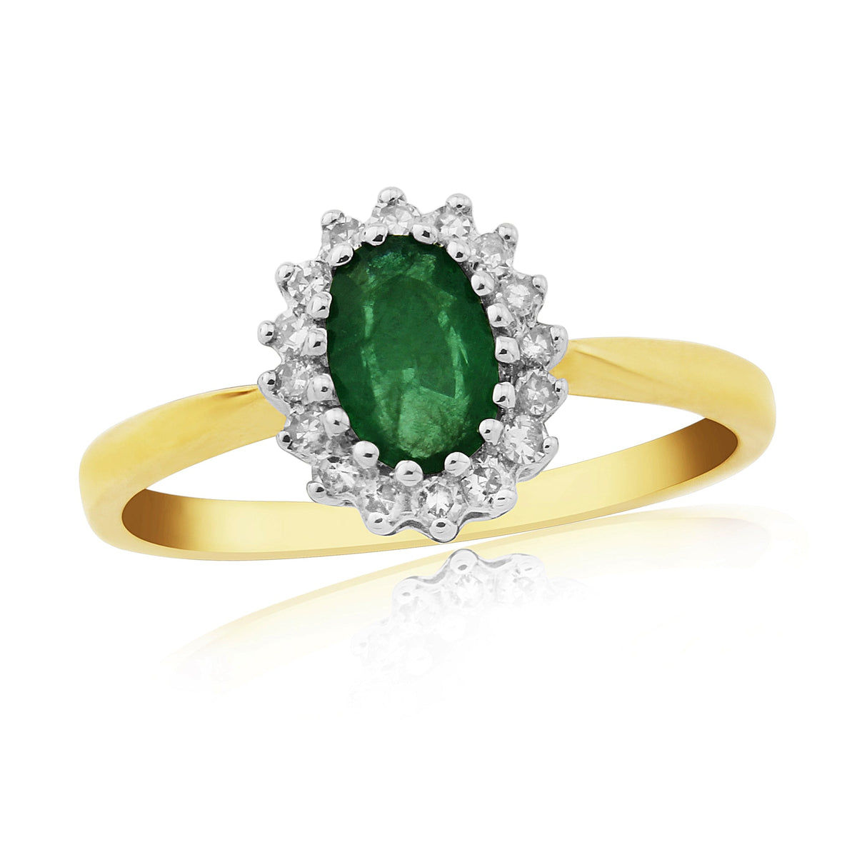 9ct gold 6x4mm oval emerald &amp; diamond cluster ring 0.12ct