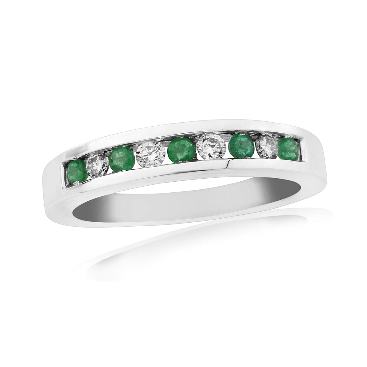 9ct white gold emerald &amp; diamond channel set half et ring 0.14ct
