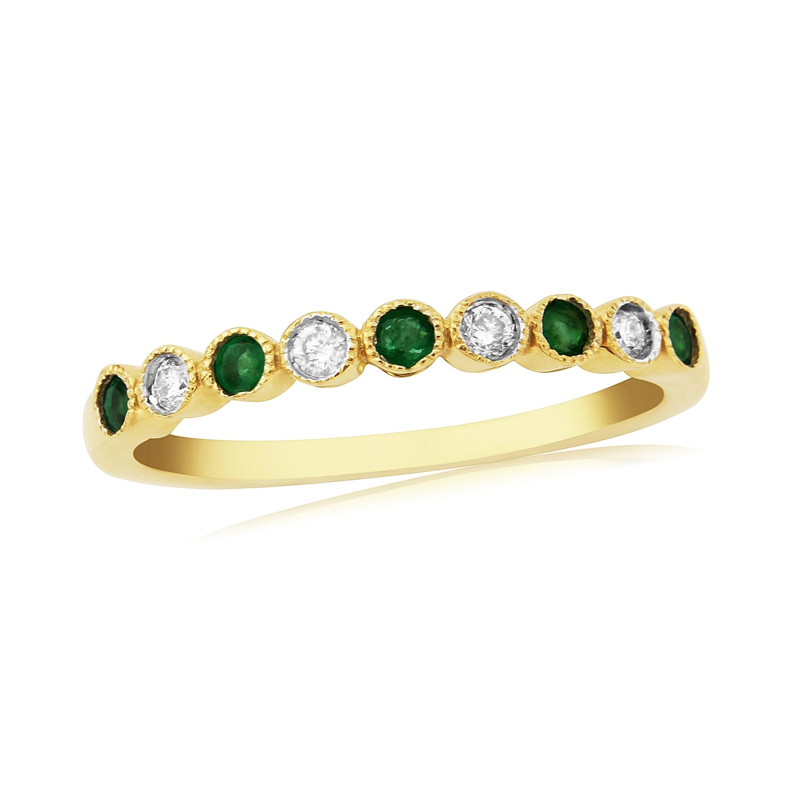 9ct gold 2.00mm emerald & diamond millgrain edge set half et ring 0.08ct