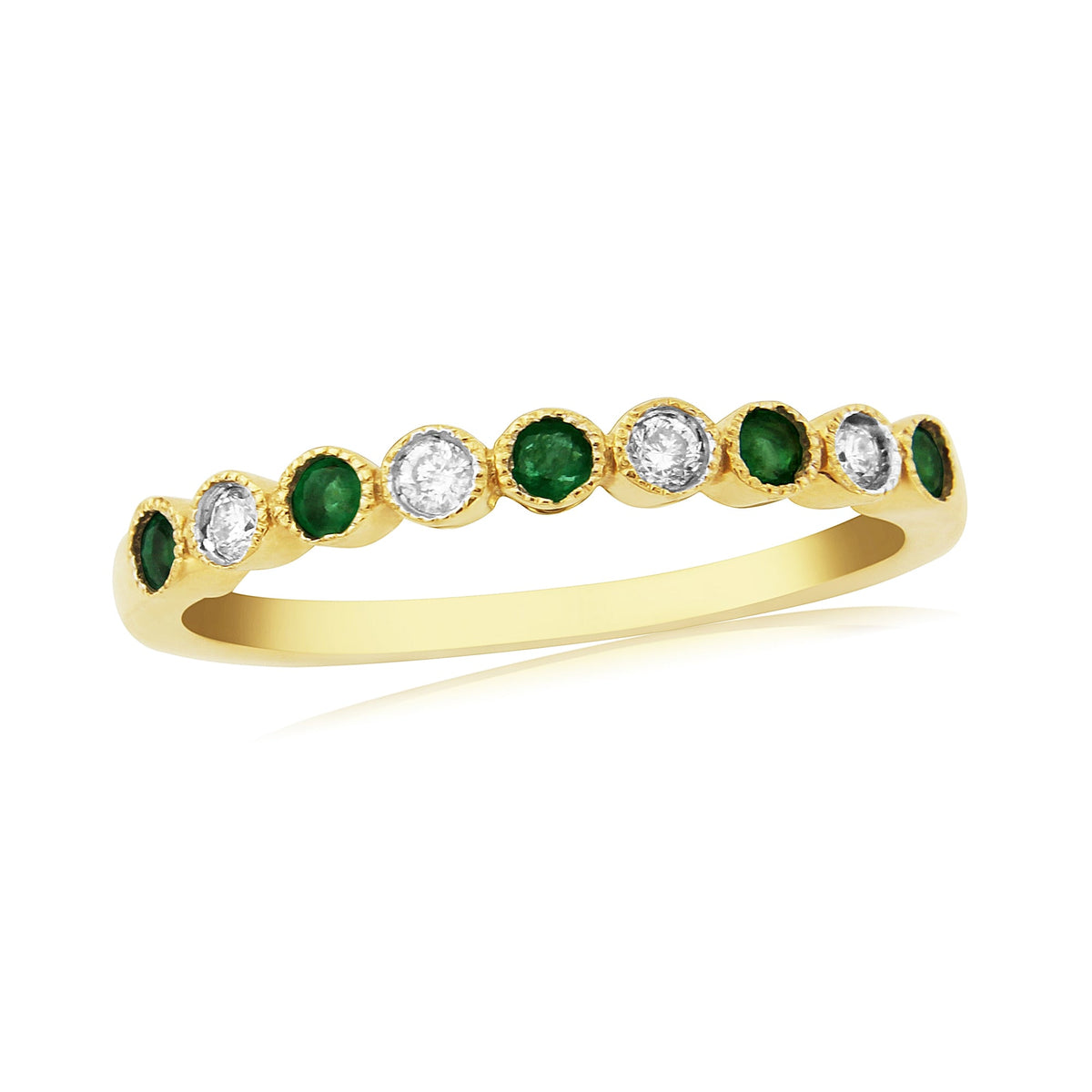 9ct gold 2.00mm emerald &amp; diamond millgrain edge set half et ring 0.08ct