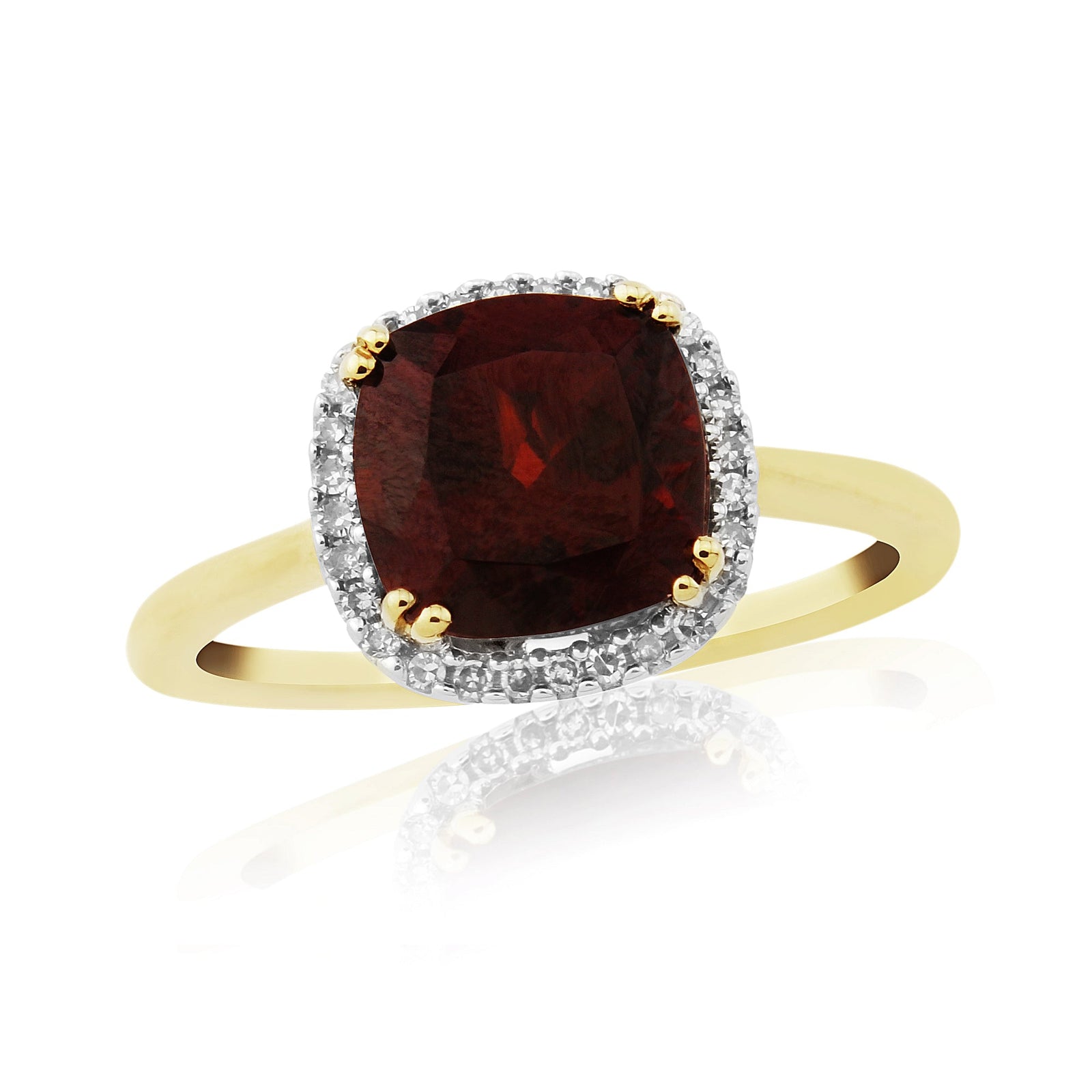 9ct gold 8mm cusgion shape garnet & diamond set cluster ring 0.10ct
