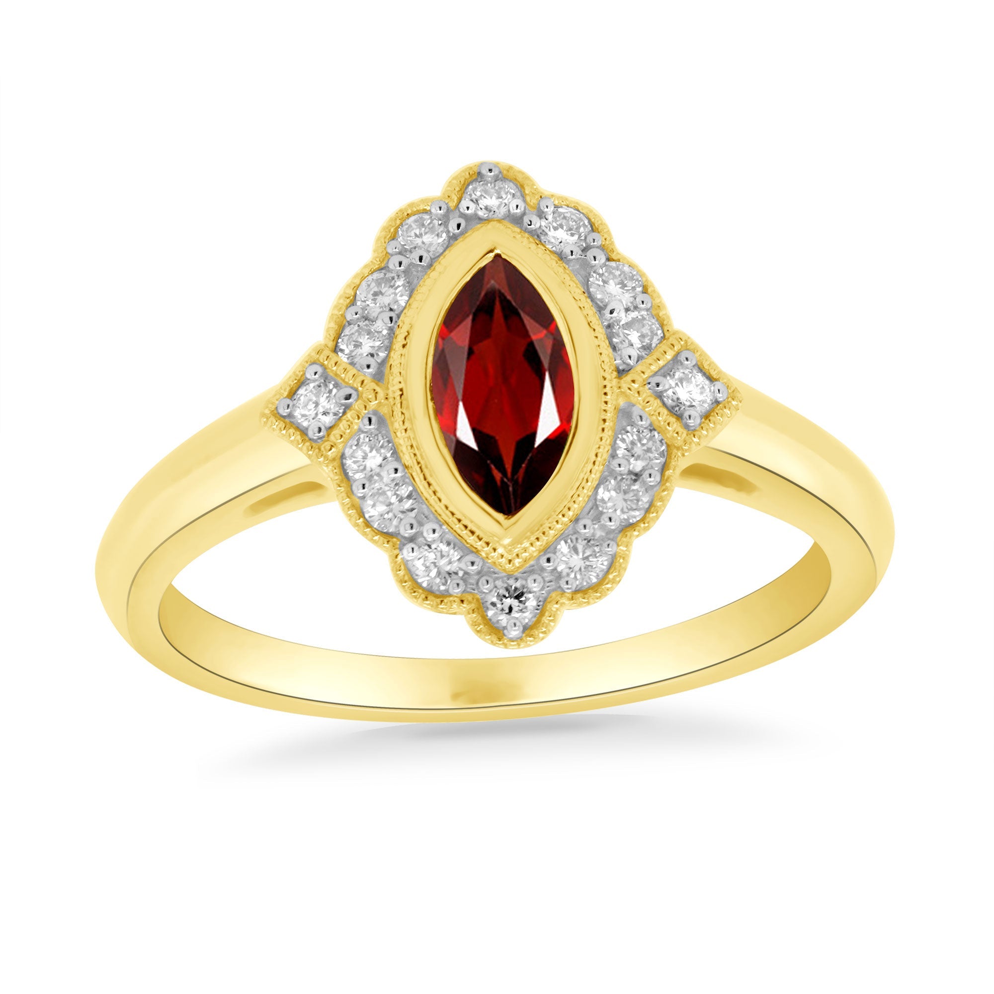 9ct gold 8x4mm marquise shape garnet & antique style diamond cluster ring 0.15ct